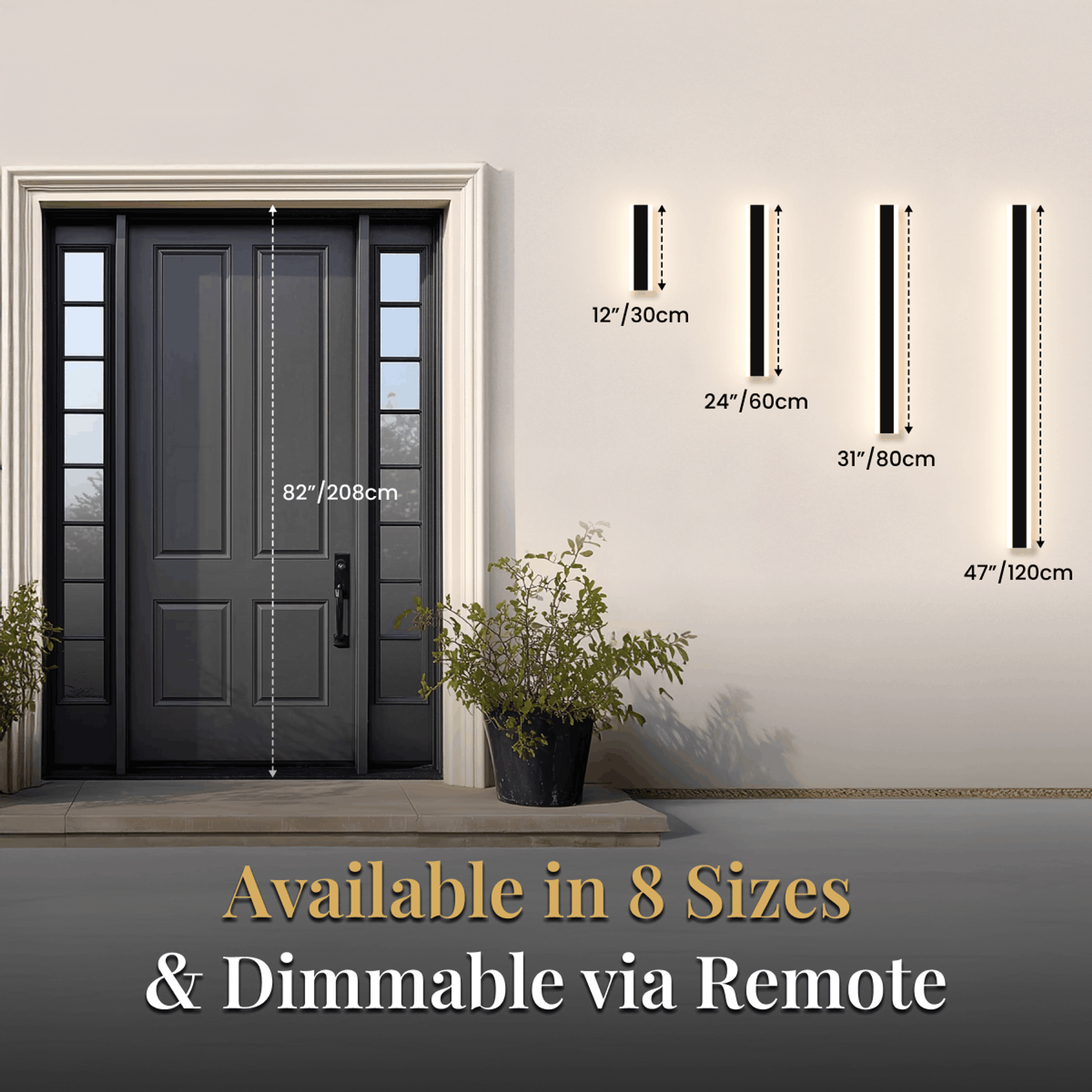Haylen solar wall light size chart by a door: 12", 24", 31" and 47" length bars