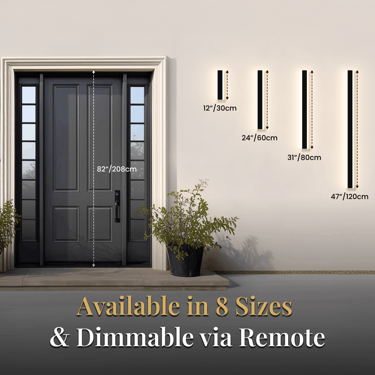 Haylen solar wall light size chart by a door: 12", 24", 31" and 47" length bars