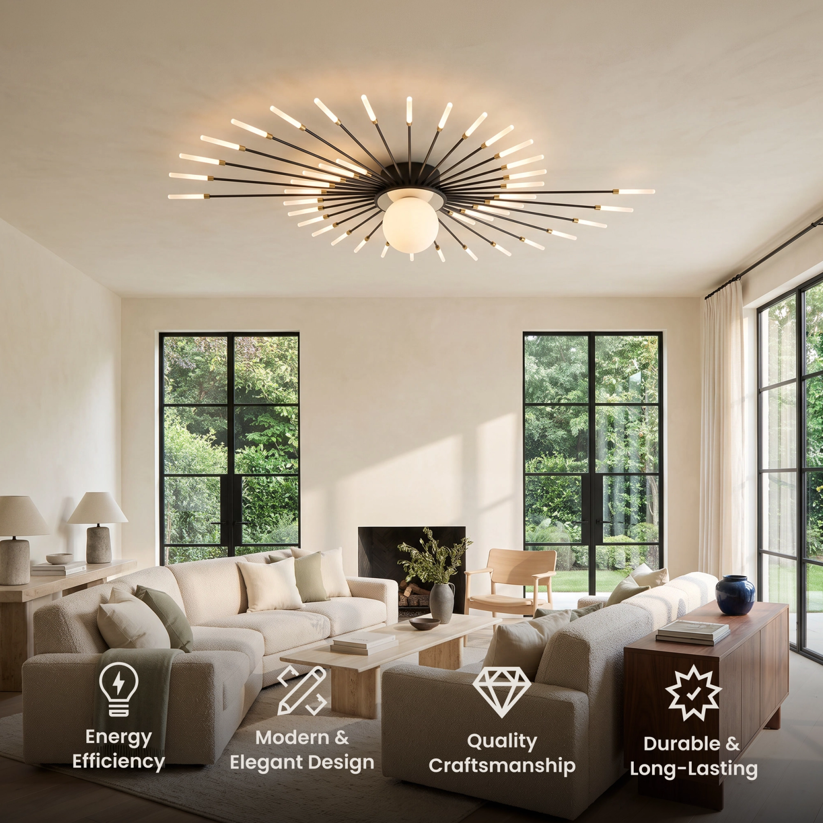 Seashell black flush-mount ceiling light with radiating spokes in a modern living room