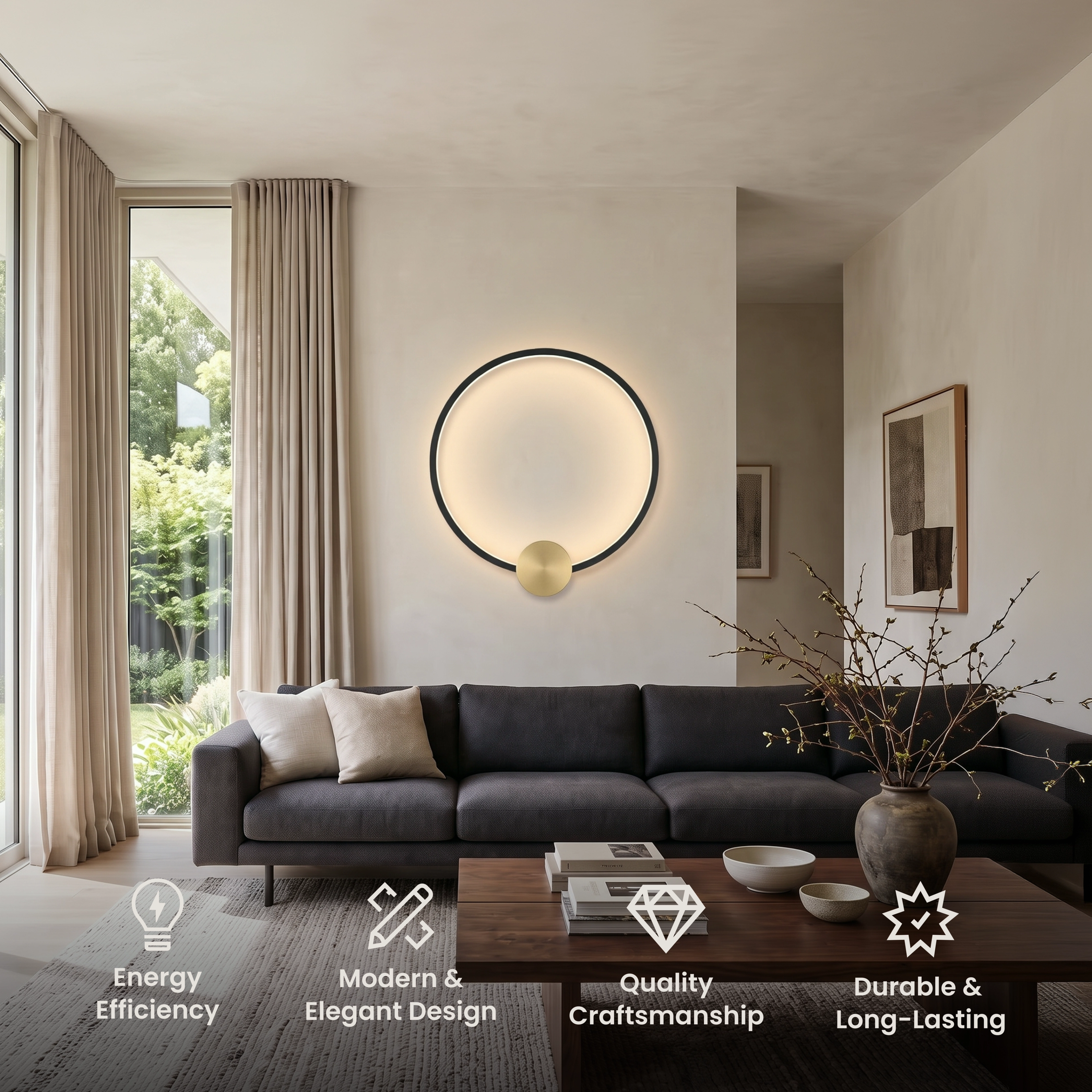 Halo black round disc wall lamp with a small gold accent, glowing sun-like rim, above a bed