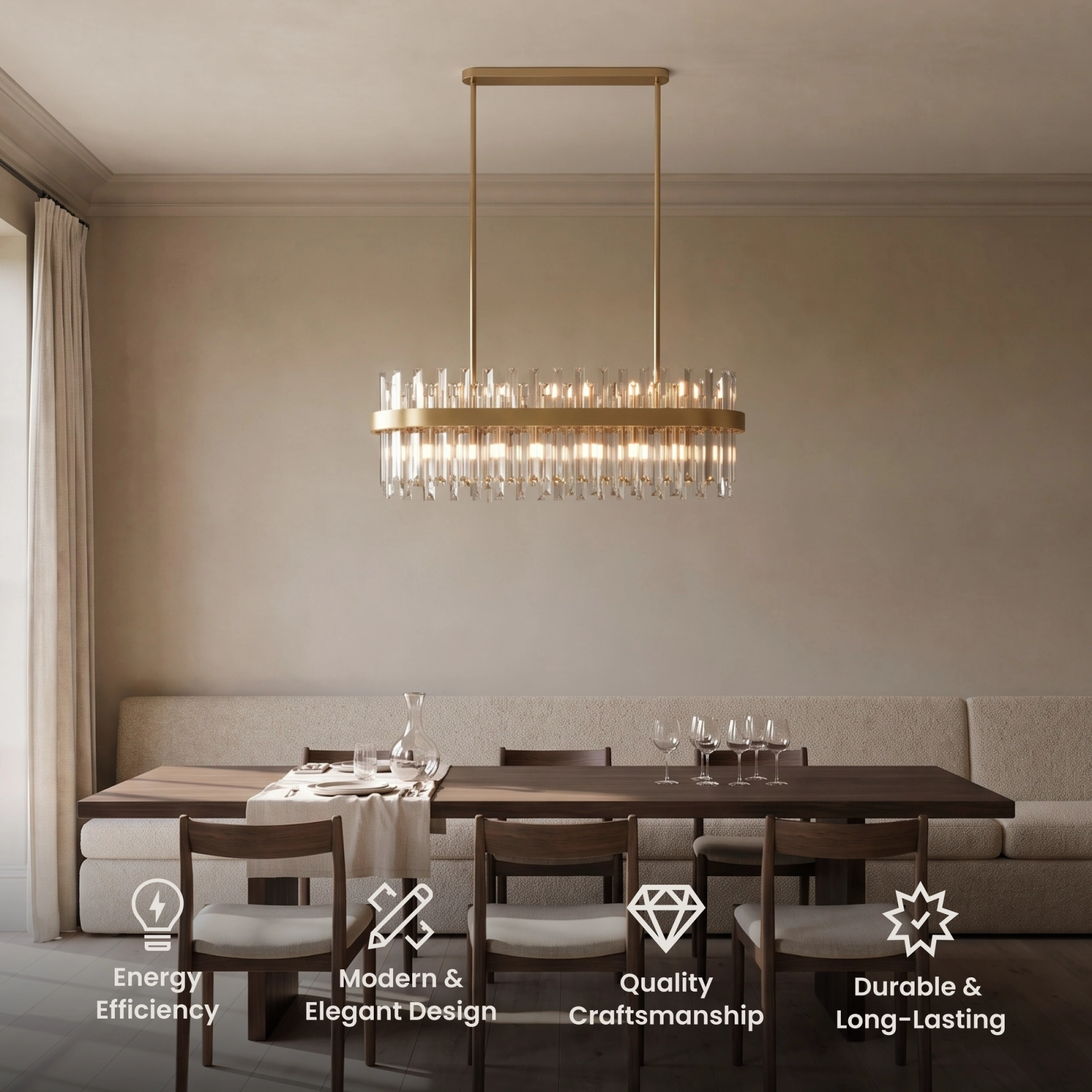 Topaz linear crystal pendant, gold frame with clear rectangular crystals, over a dining table with mirror