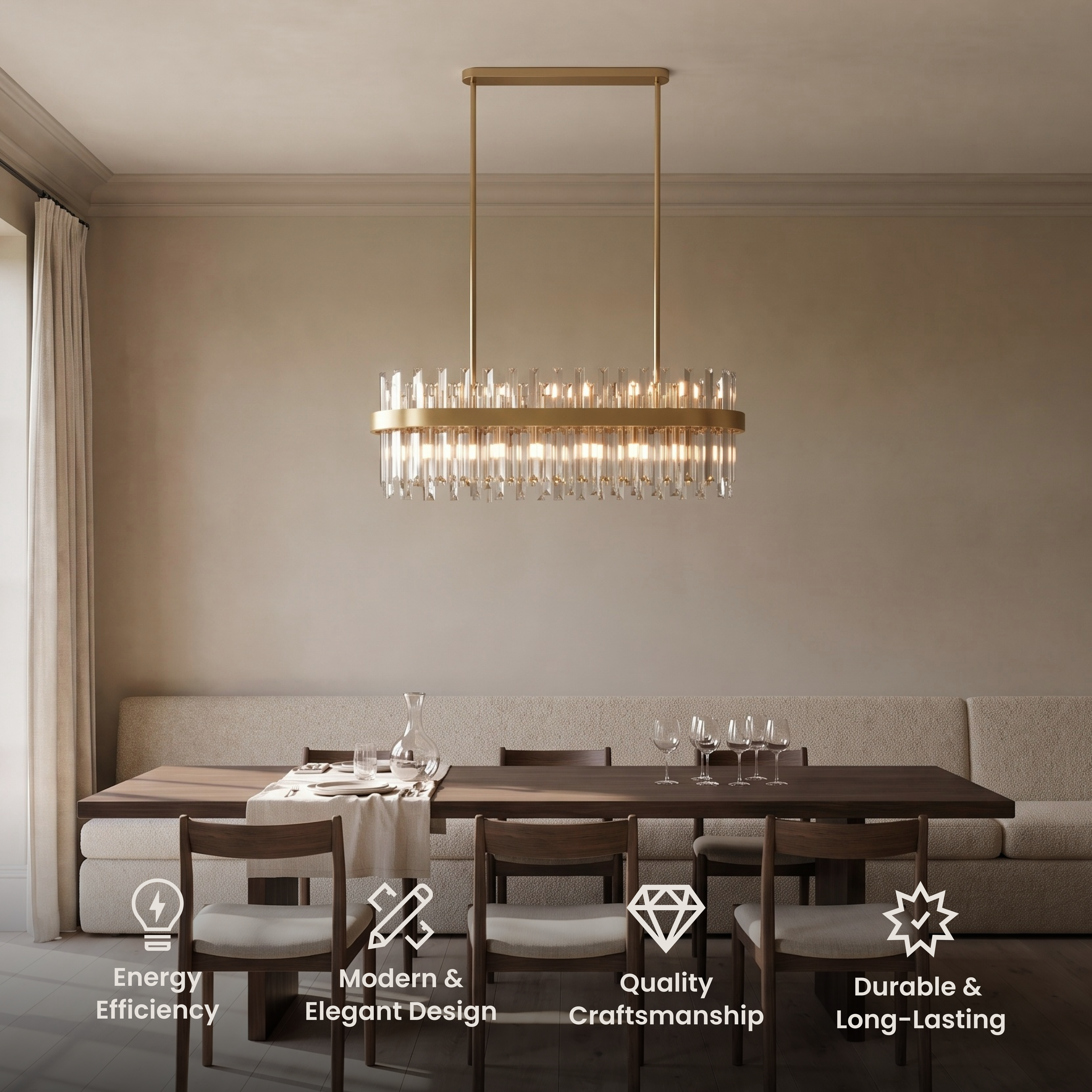 Topaz linear crystal pendant, gold frame with clear rectangular crystals, over a dining table with mirror