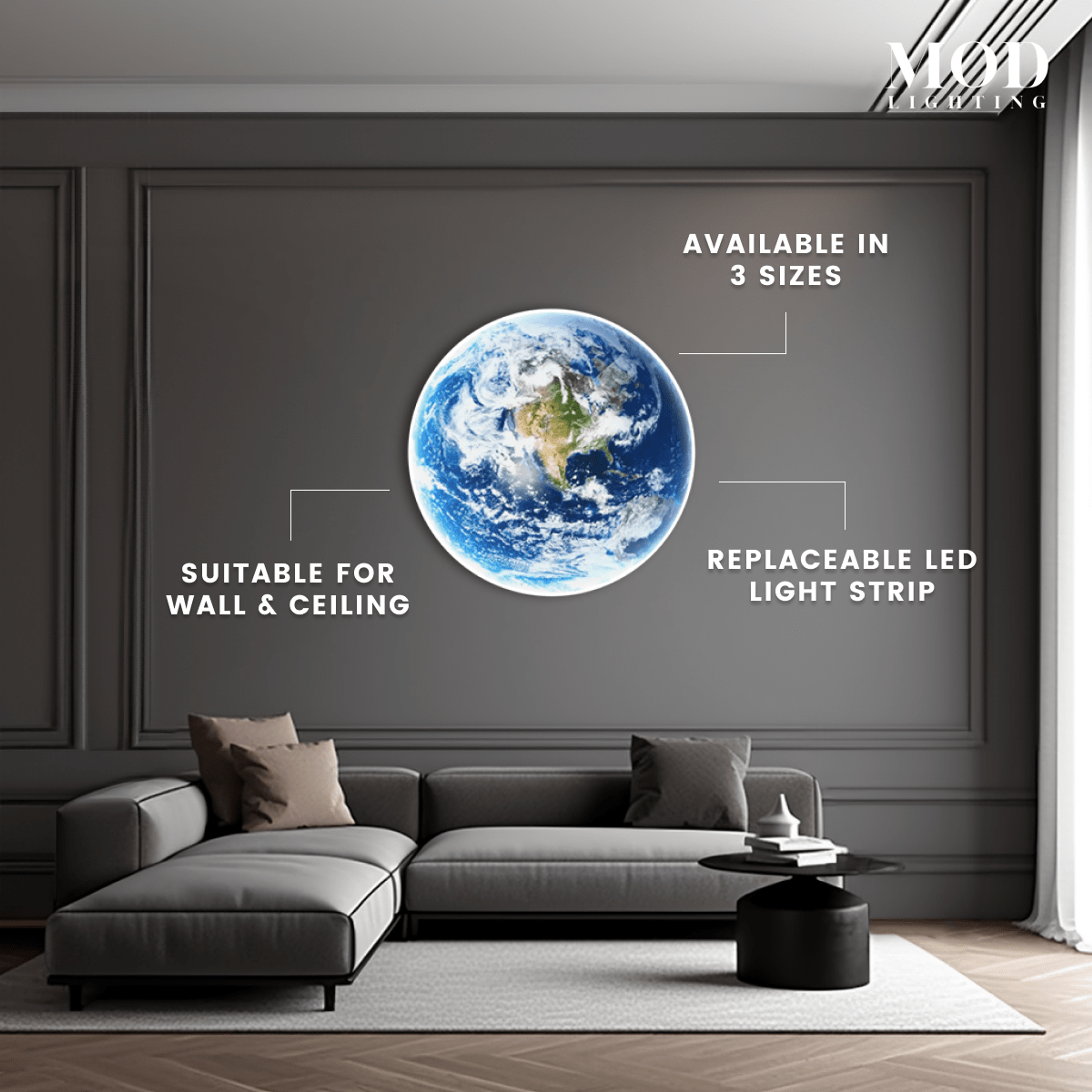 Terra Earth-globe wall and ceiling light in a grey living room; available in 3 sizes with replaceable LED strip