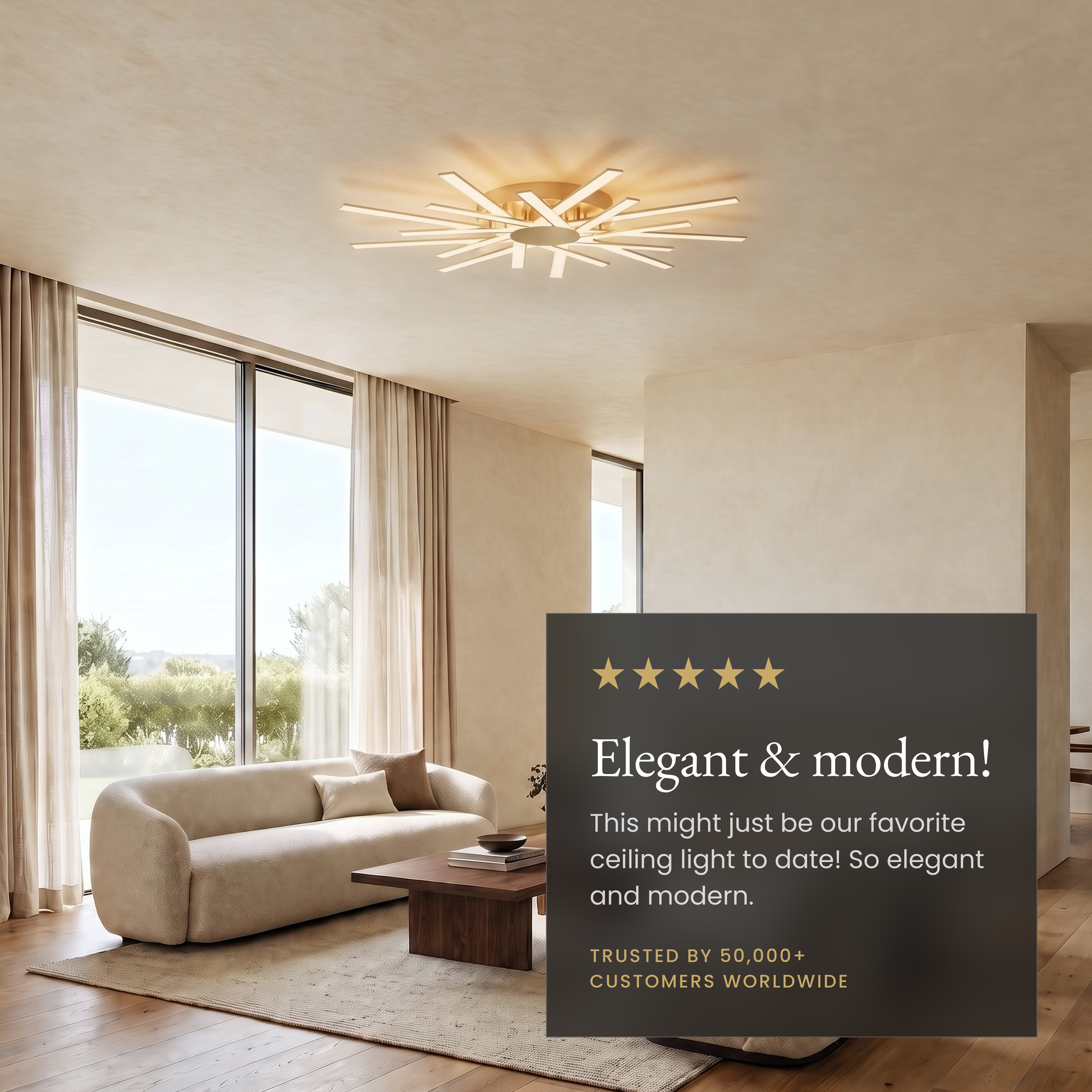 Sparkle ceiling light, gold aluminum sunburst LED strips flush-mounted in a living room