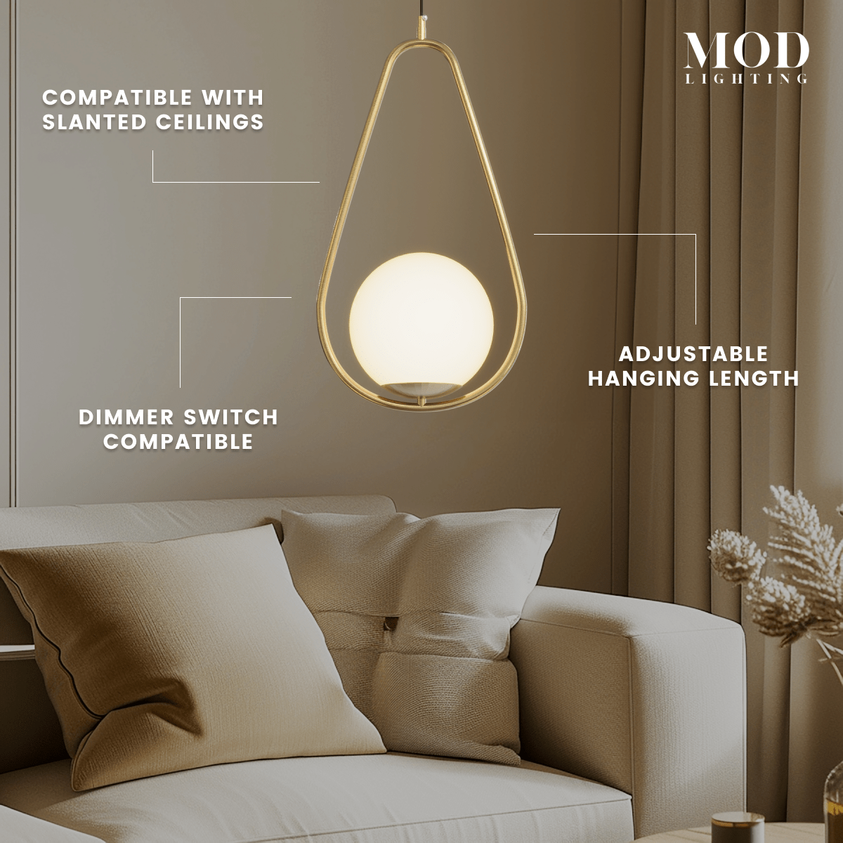 Jewels & Pearls pendant, gold teardrop frame with white glass globe, above a sofa