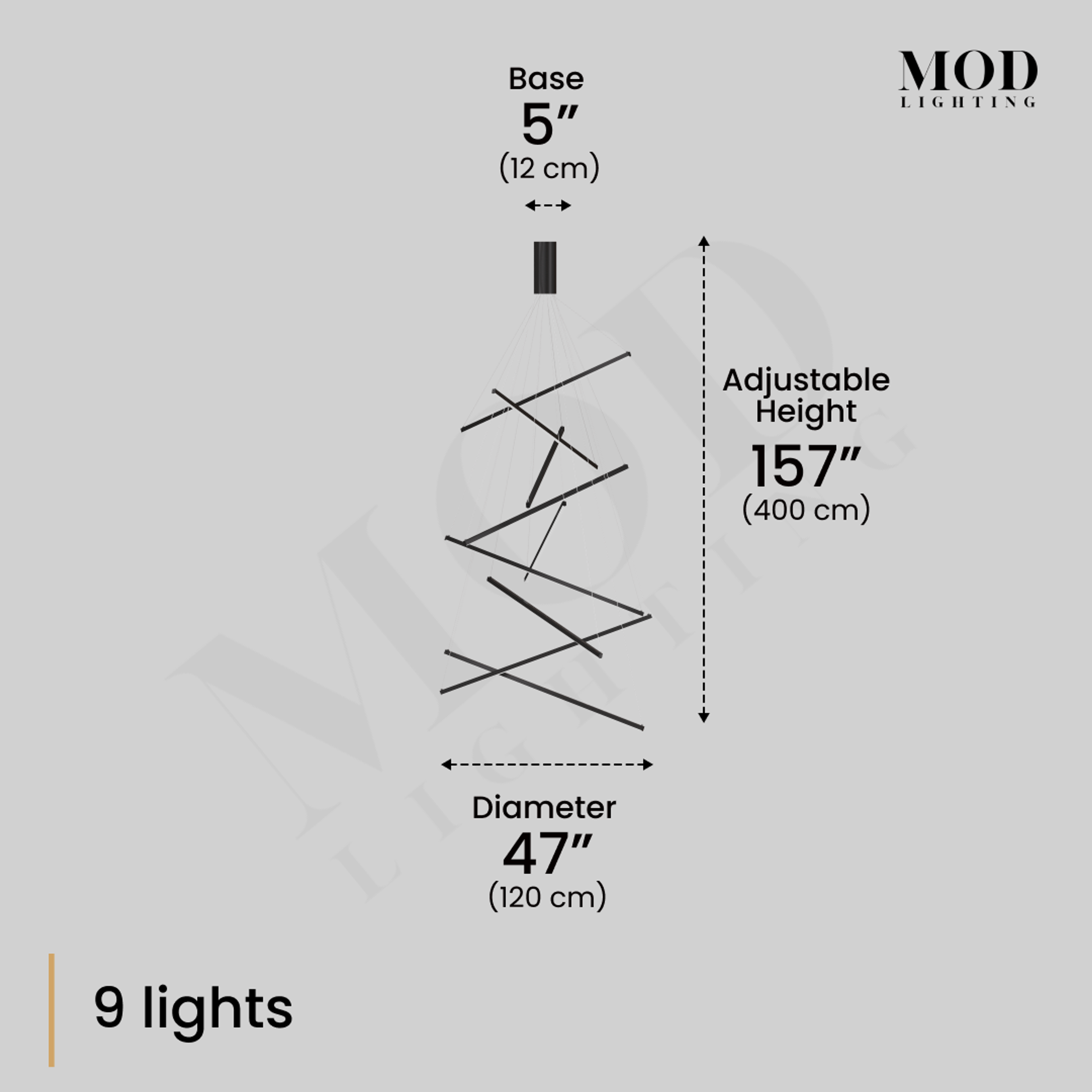 Finn 9-light black pendant dimension diagram: 5" base, 47" diameter, 157" adjustable height