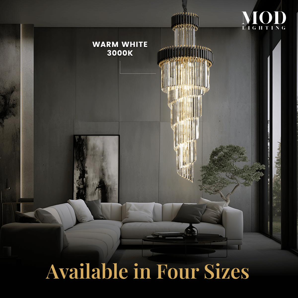 Onyx tall spiral crystal chandelier in warm white 3000K over a sofa, available in four sizes