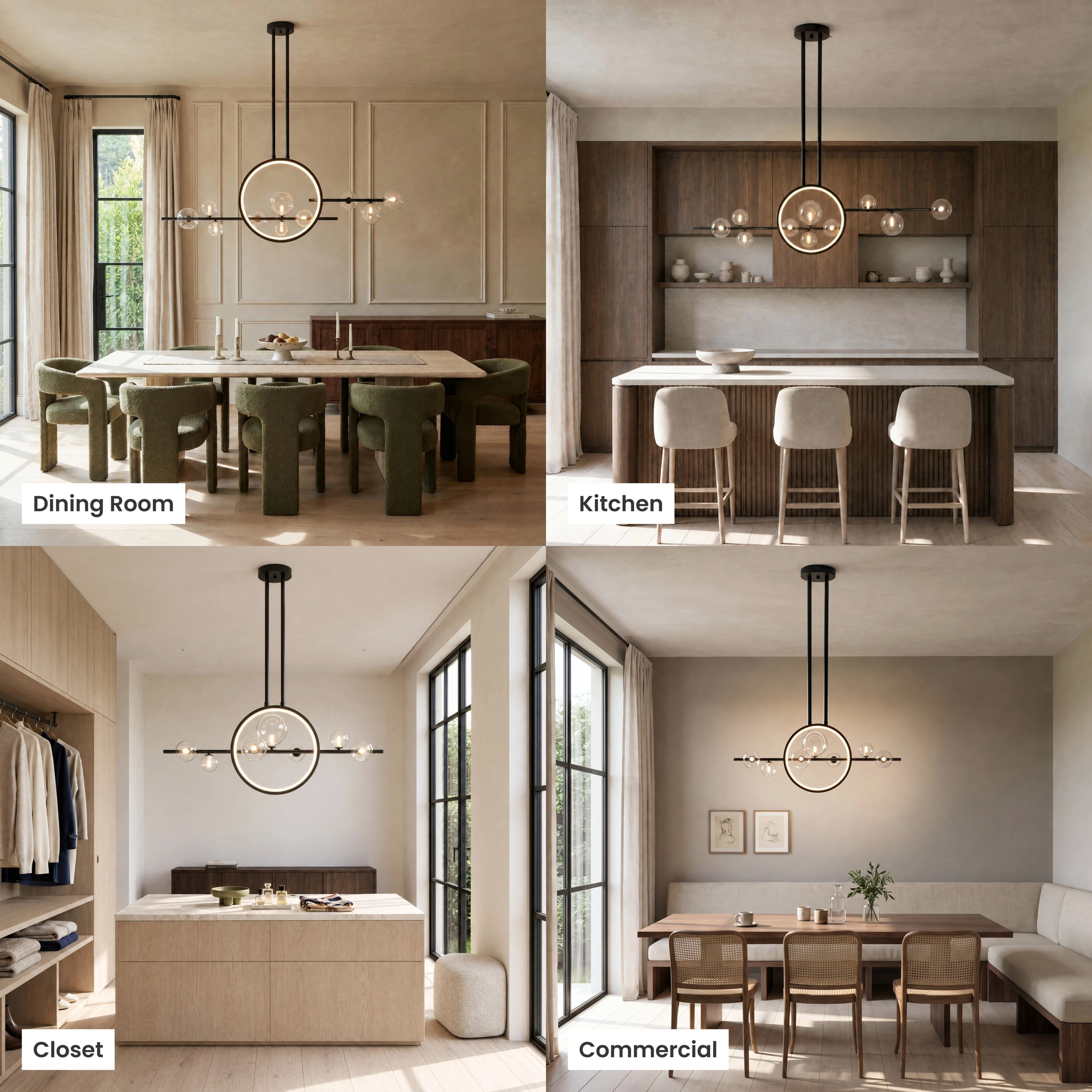 Hailey Nordic chandelier, black linear frame with clustered clear-glass globes over a living room and dining table