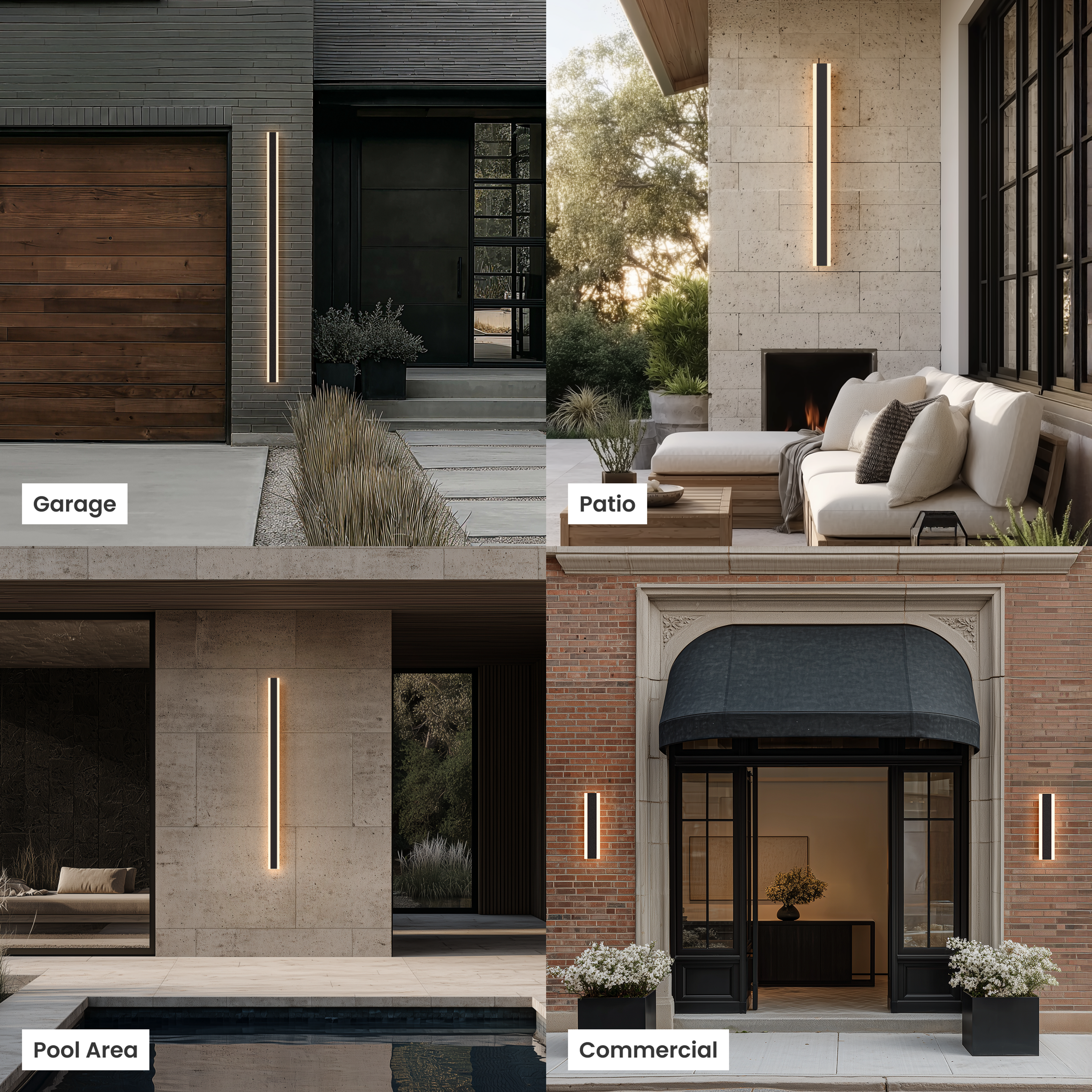Haylen black linear LED wall lights shown on a garage, patio, pool area and commercial storefront