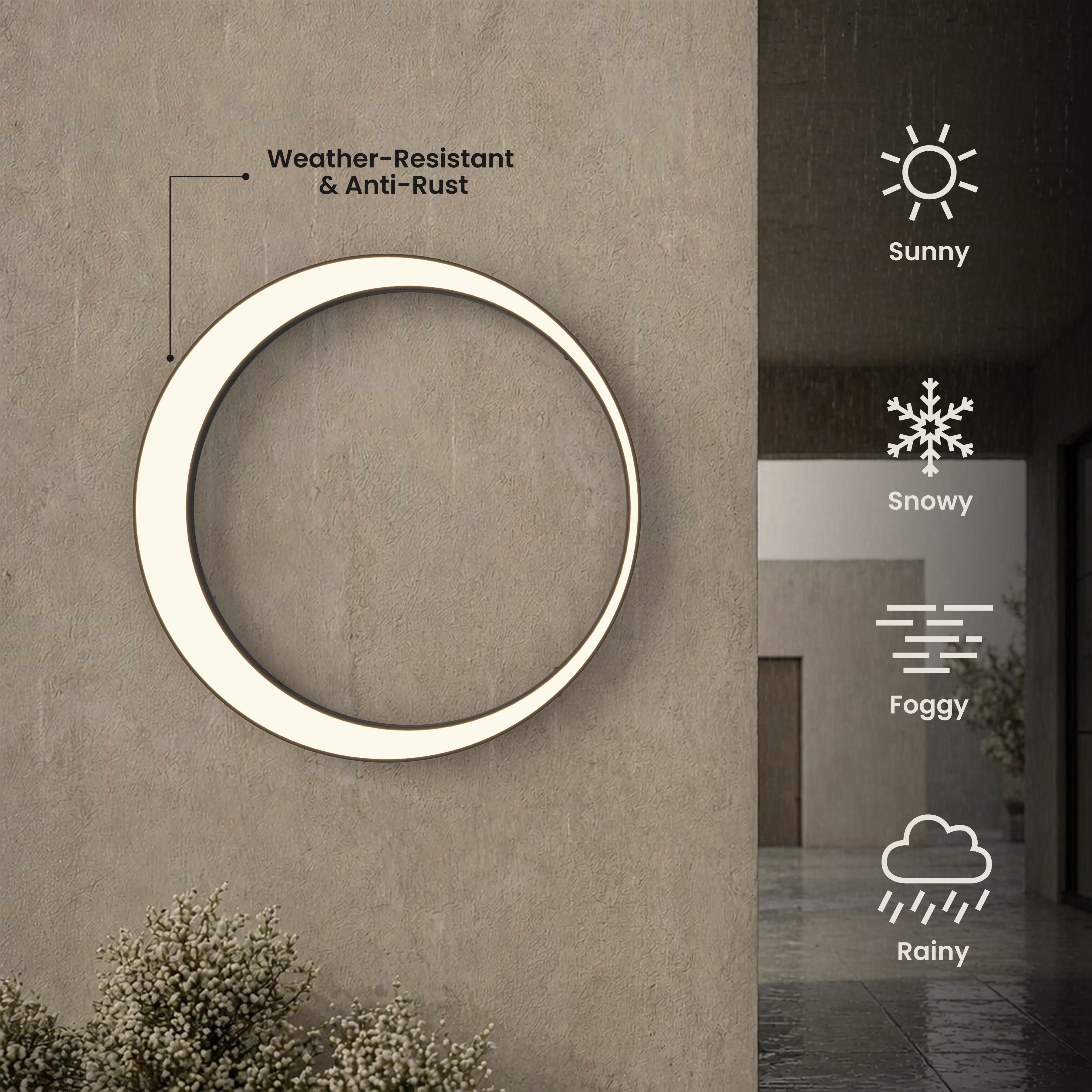 Gleam Smart round LED wall light in the rain, marked weather-resistant and anti-rust for all seasons