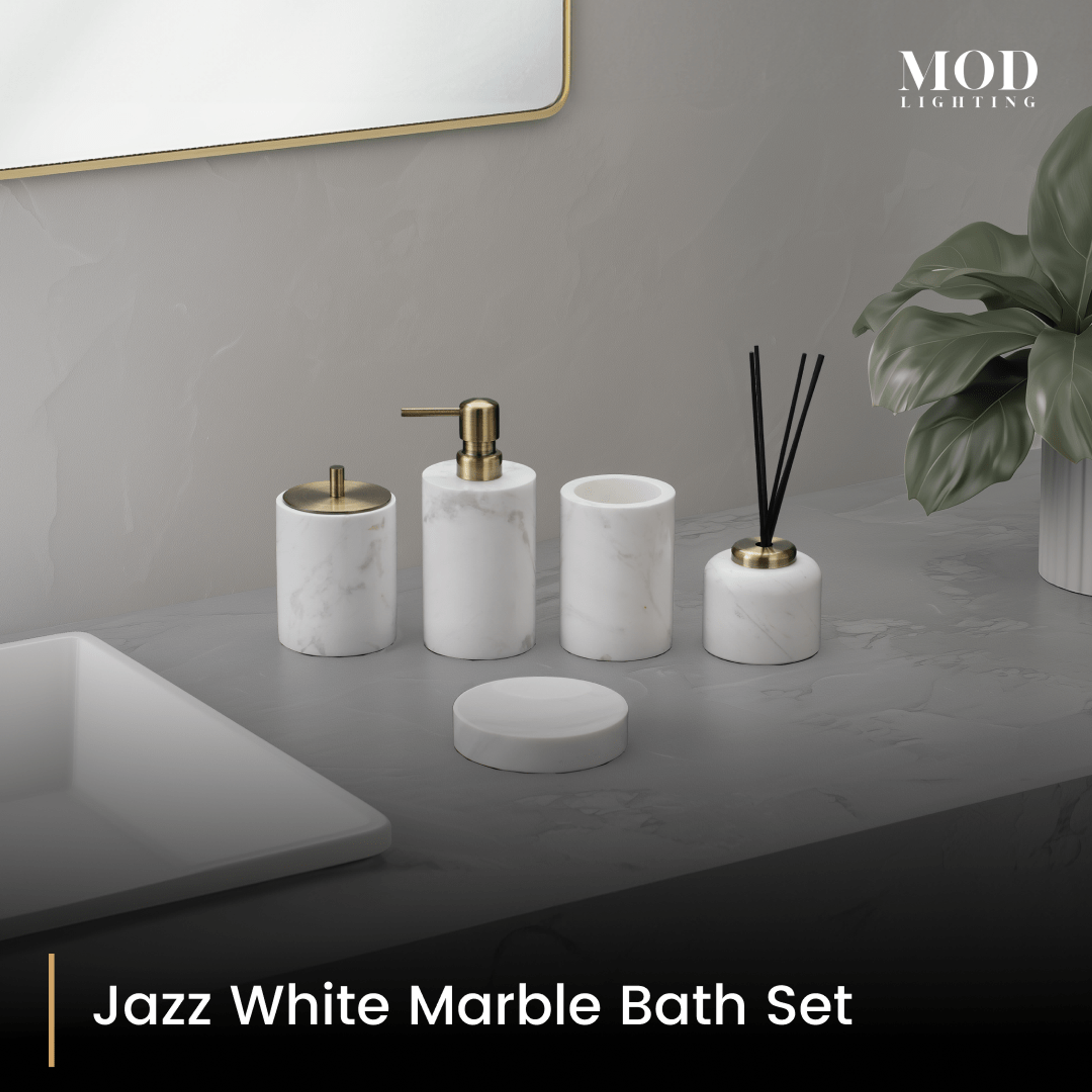 Jazz White Marble Bath Set, white marble accessories with gold accents on a tray on a grey vanity by a basin