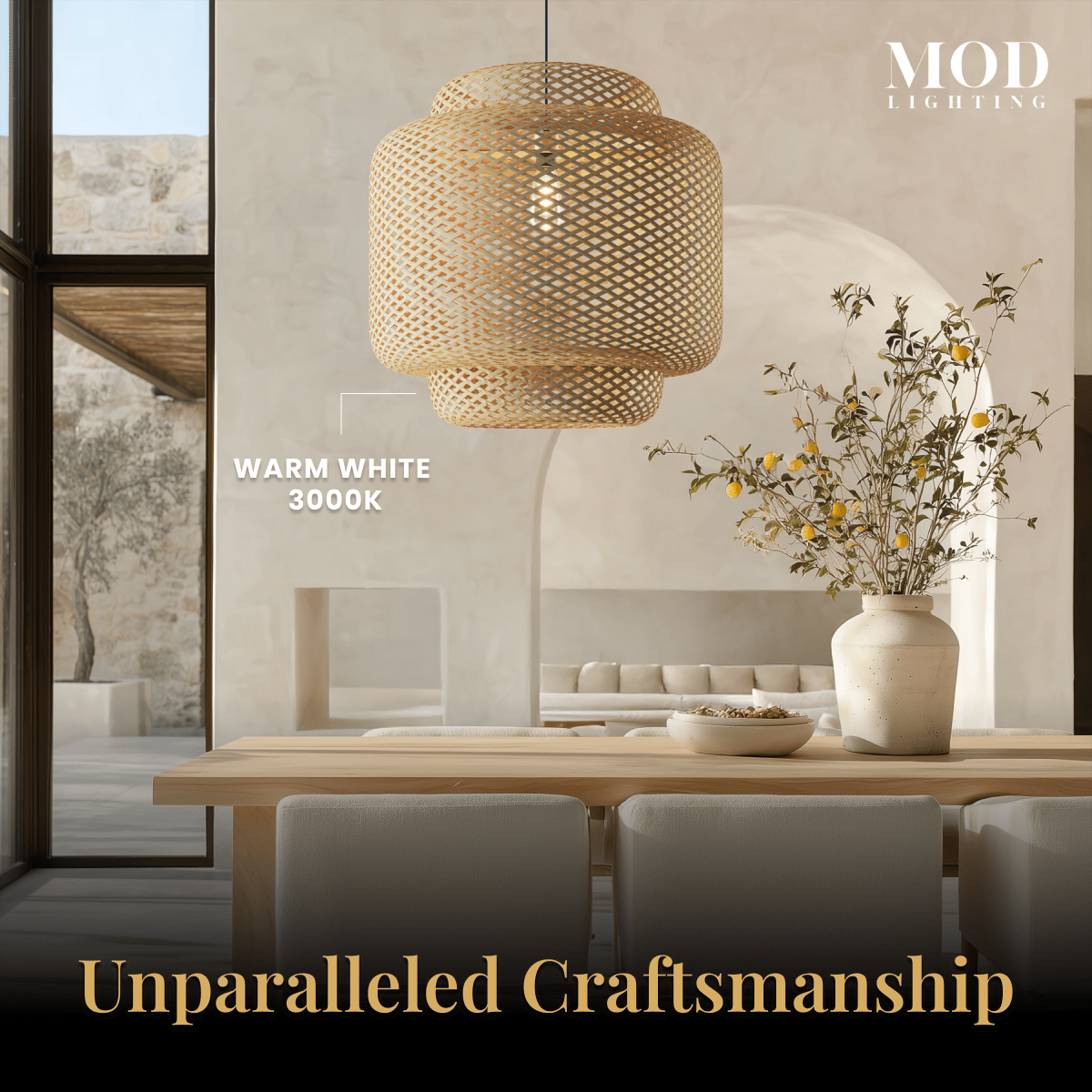 Elva bamboo lantern pendant, tiered woven barrel form, over a dining table in warm white, 3000K