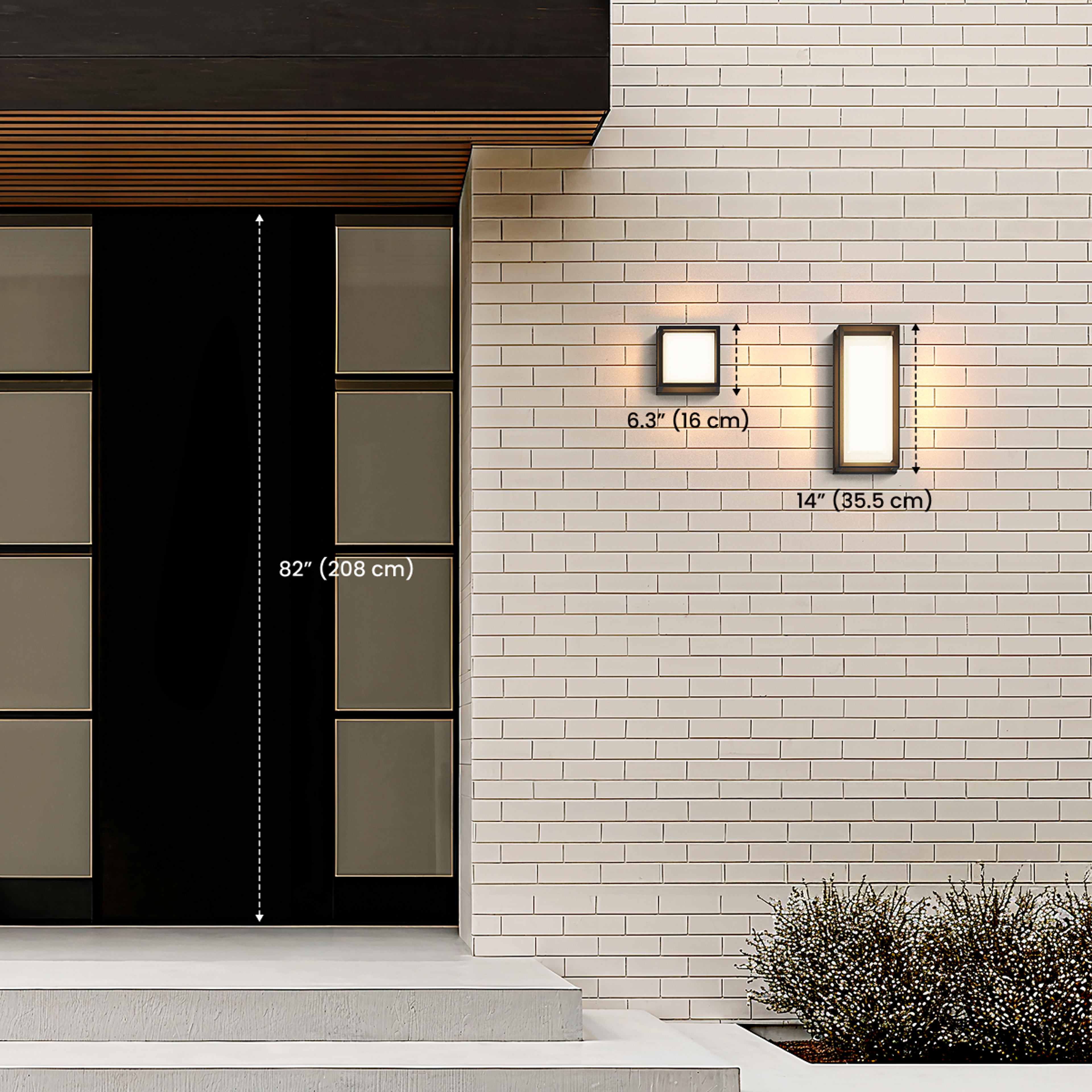 Solen matte-black square outdoor sconces shown in entryway, patio, pool area and commercial settings