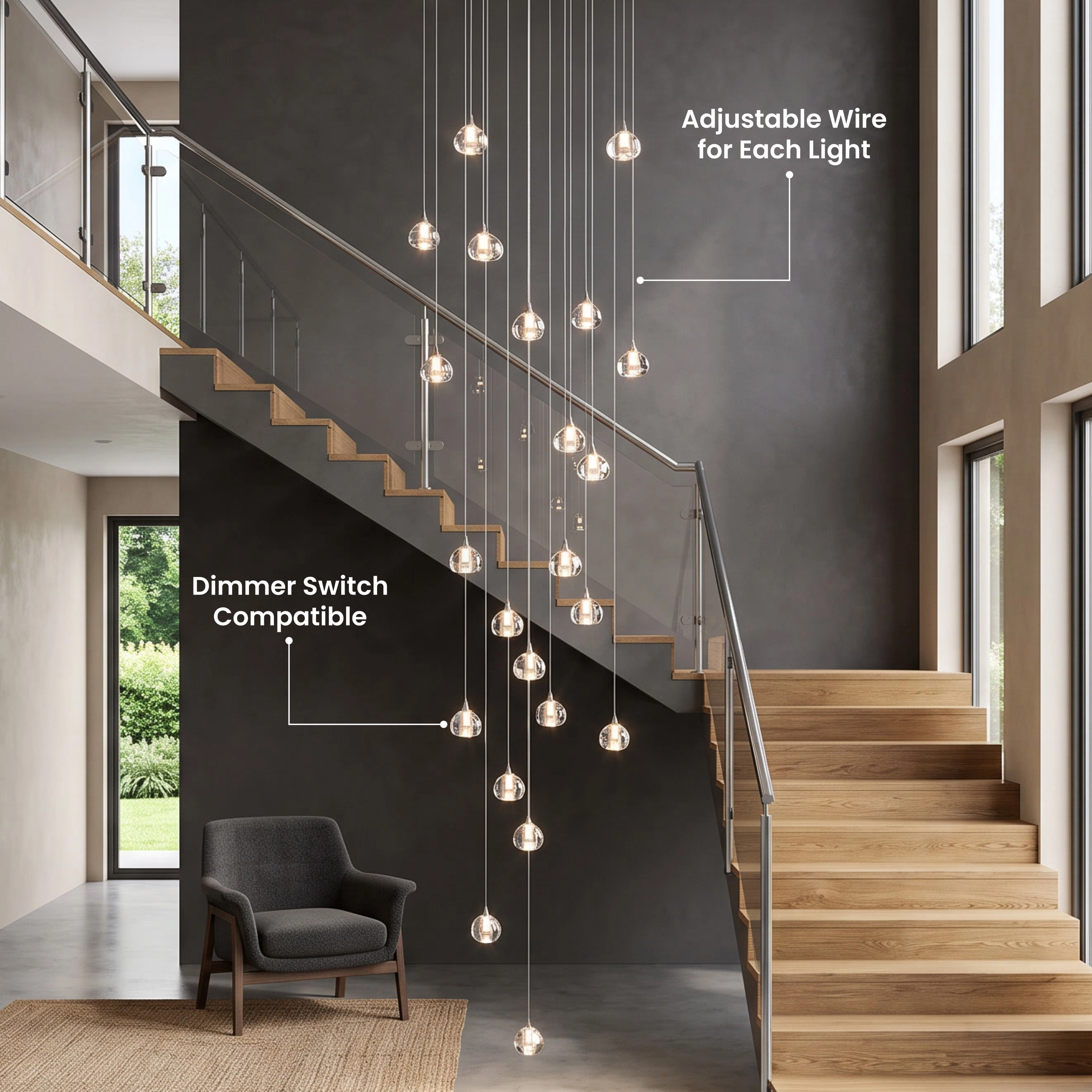 Sage clear-glass globe pendants cascading down a dark-paneled wall beside a lounge chair