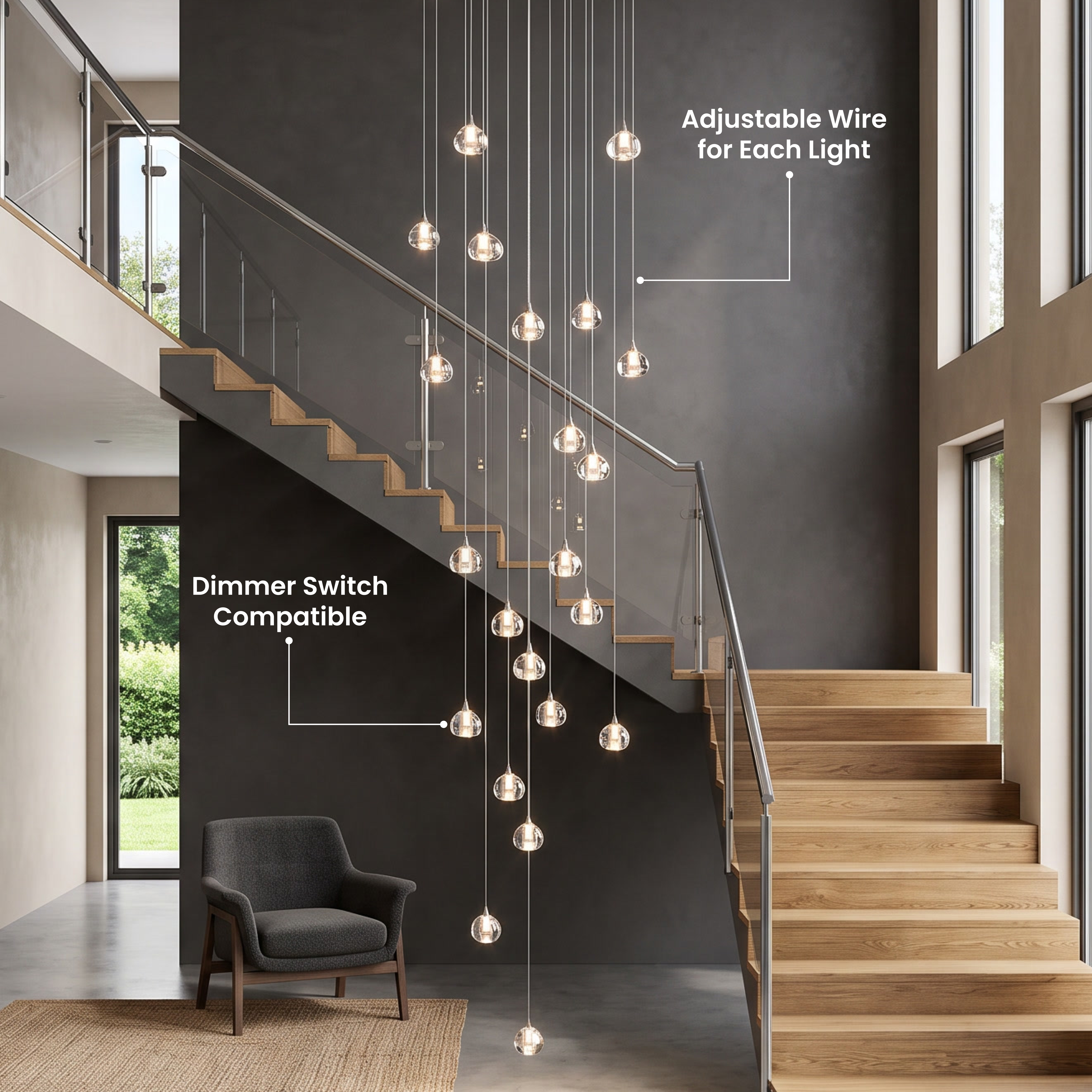 Sage clear-glass globe pendants cascading down a dark-paneled wall beside a lounge chair