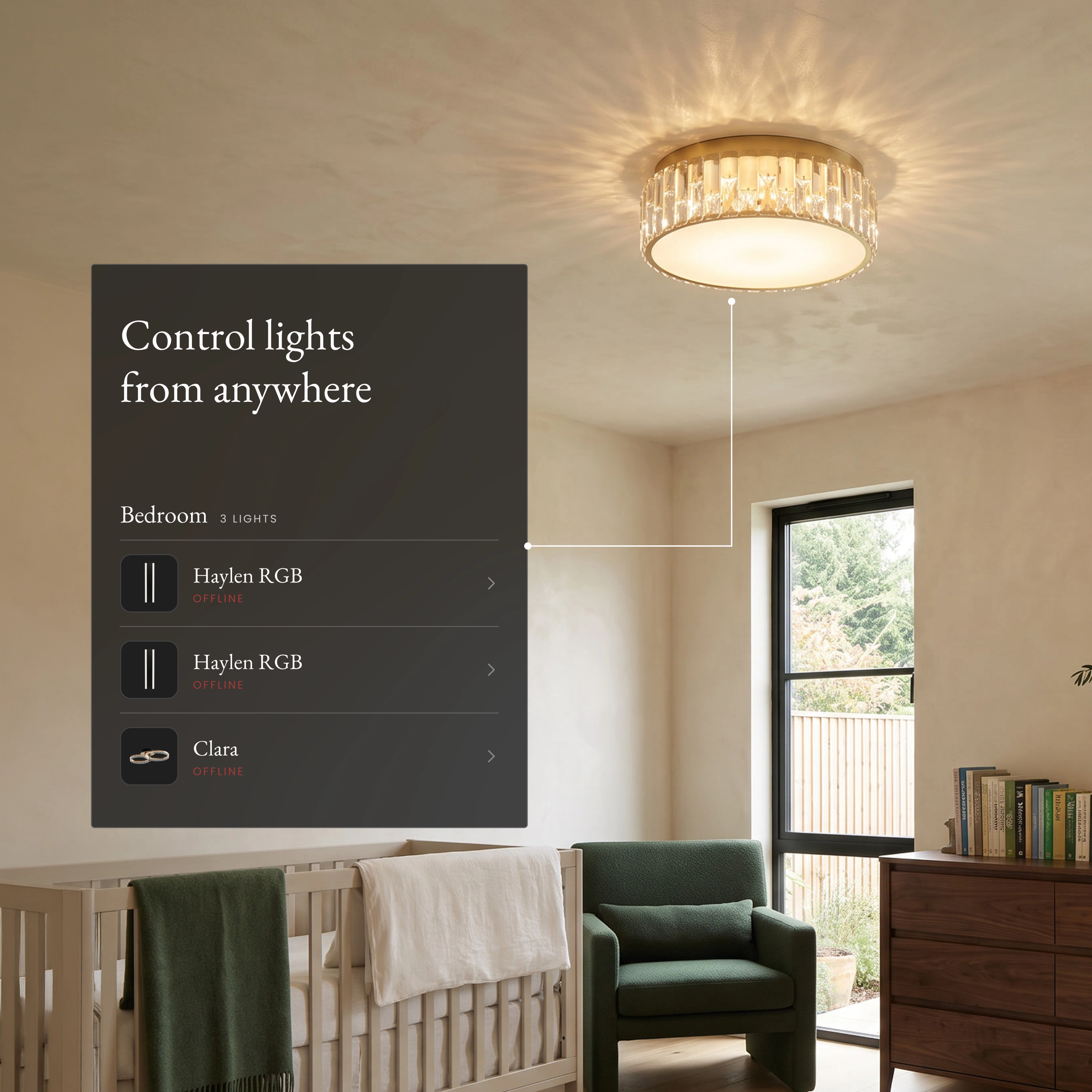 Elara Smart crystal flush mount ceiling light in a nursery beside an app panel controlling lights from anywhere