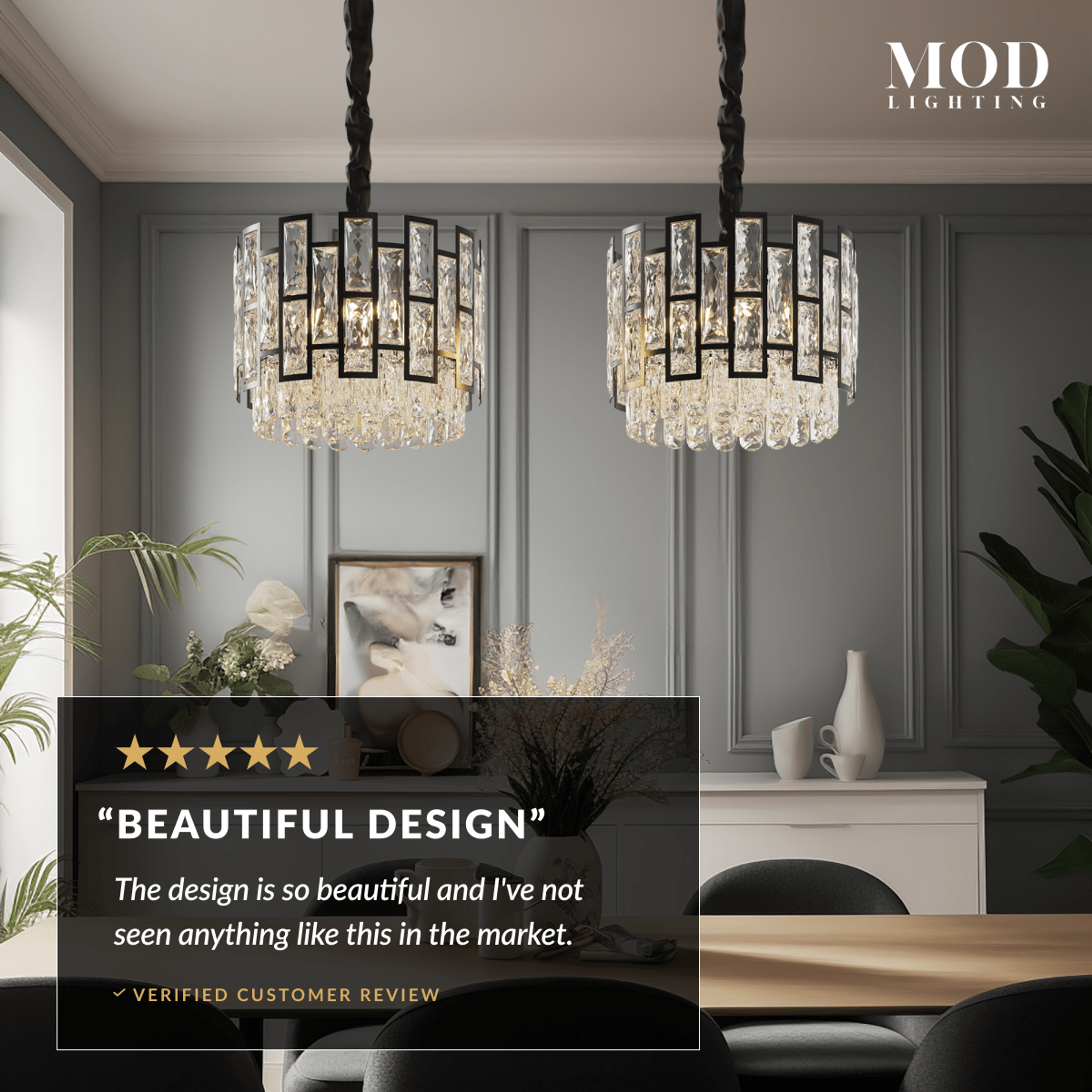Mini Raven black crystal pendant pair over a dining table, with a five-star customer review overlay