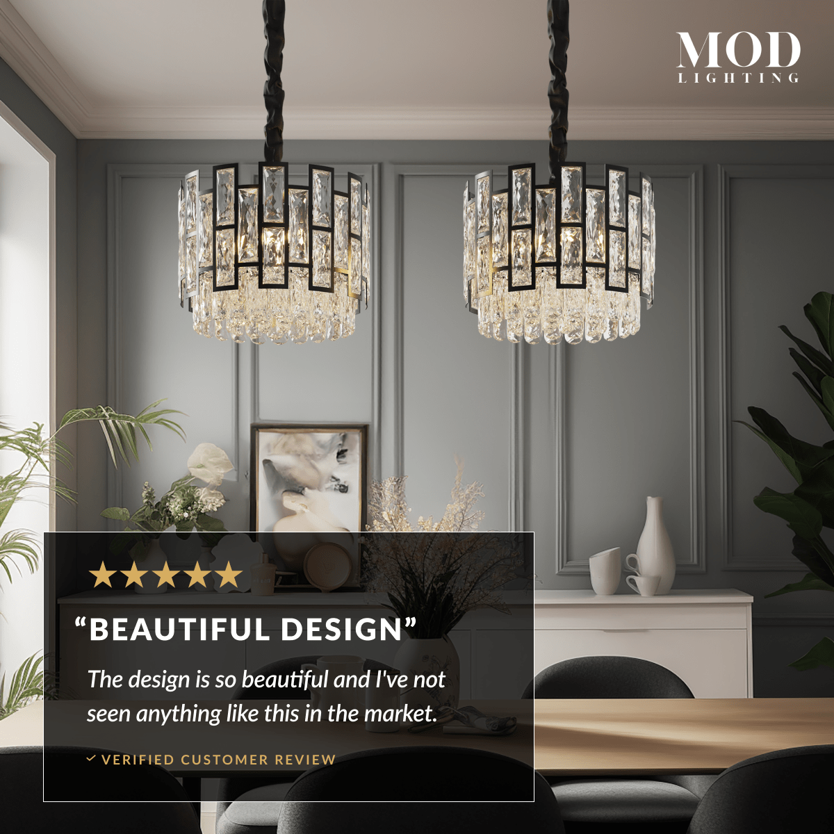 Mini Raven black crystal pendant pair over a dining table, with a five-star customer review overlay