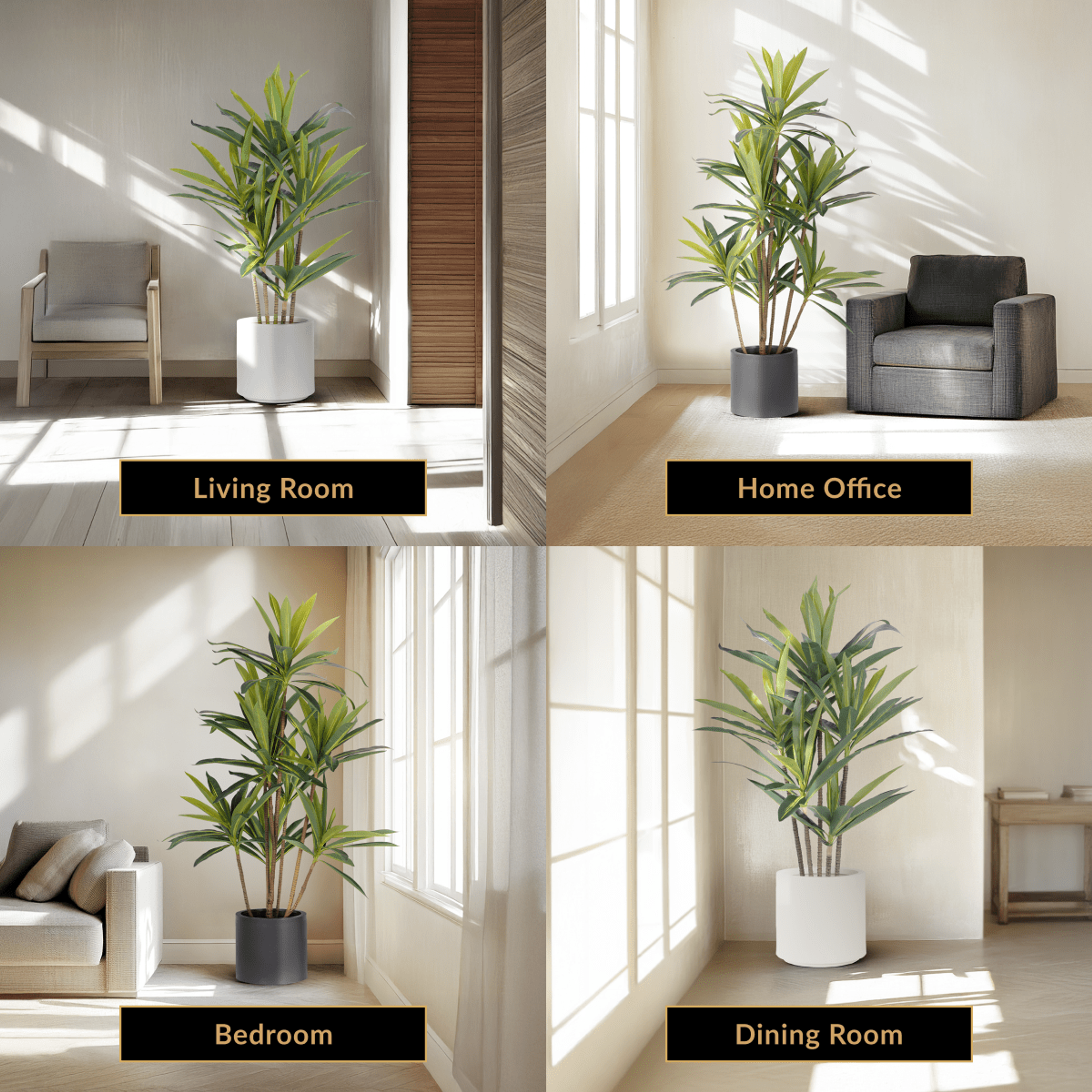 Dracaena artificial plant staged in four rooms: living room, home office, bedroom and dining room