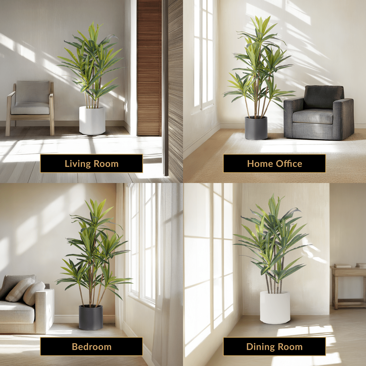 Dracaena artificial plant staged in four rooms: living room, home office, bedroom and dining room
