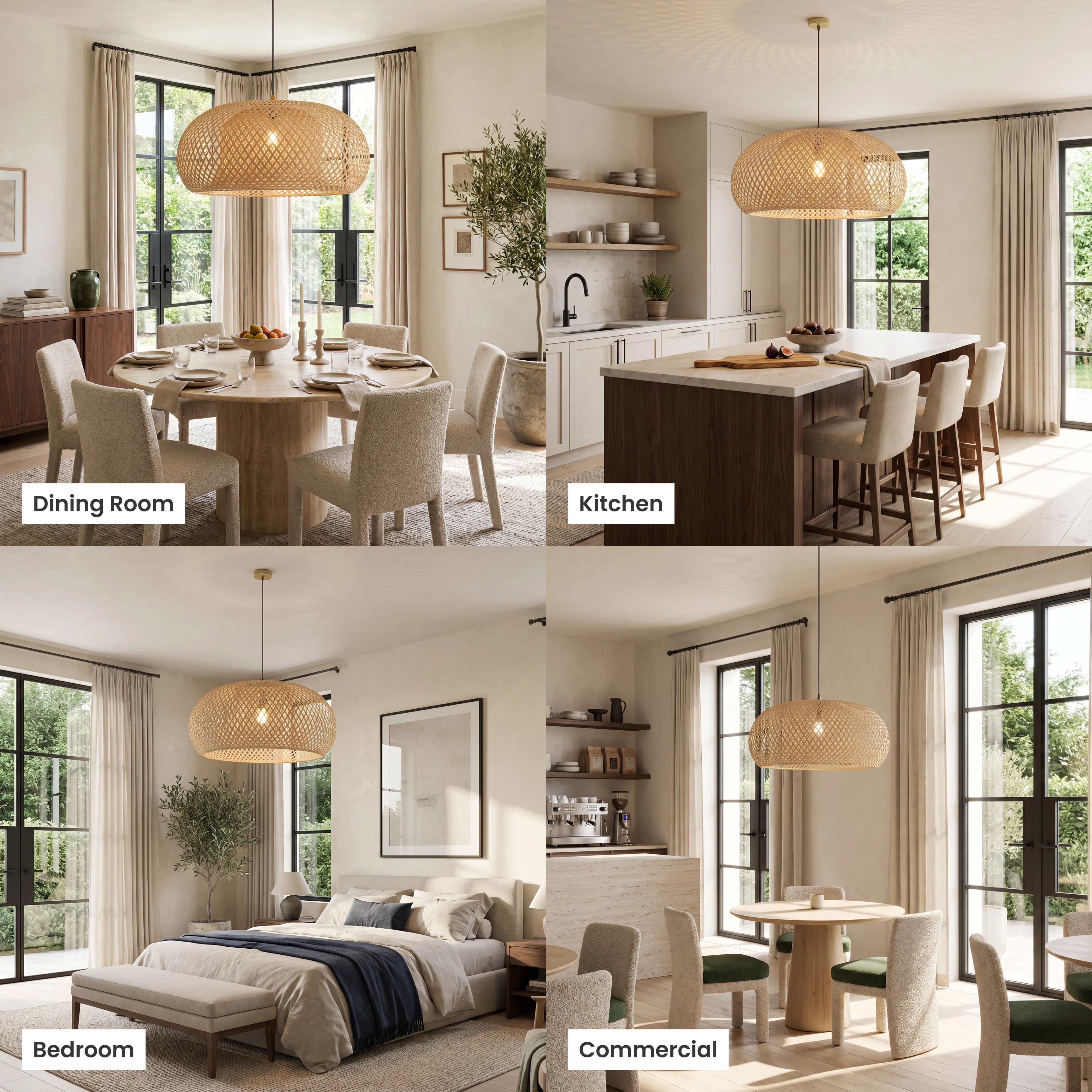 Amara woven bamboo dome pendant, rounded disc form, shown over a living room, dining table, bedroom and cafe