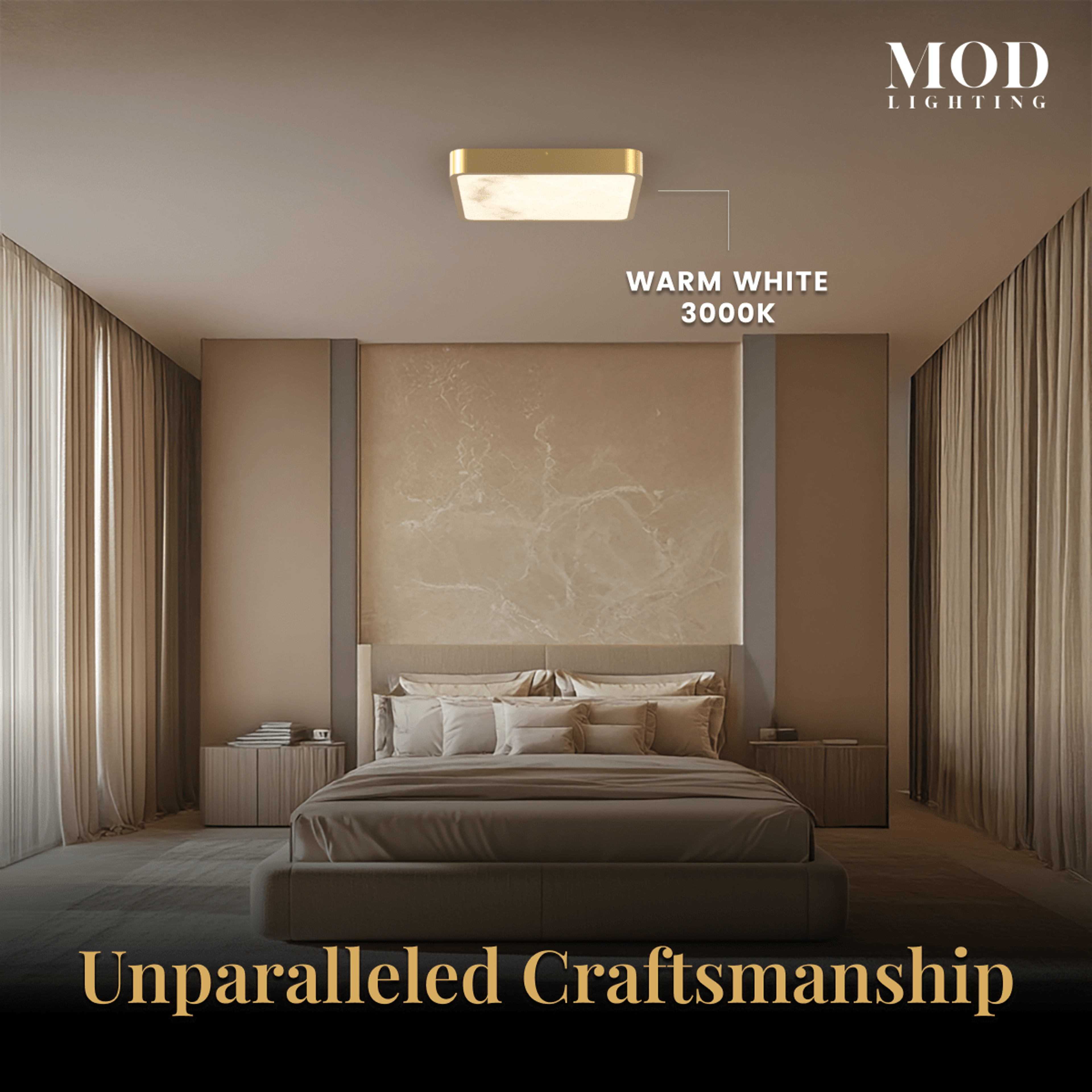 Selene gold square alabaster ceiling light casting warm white light in a modern bedroom