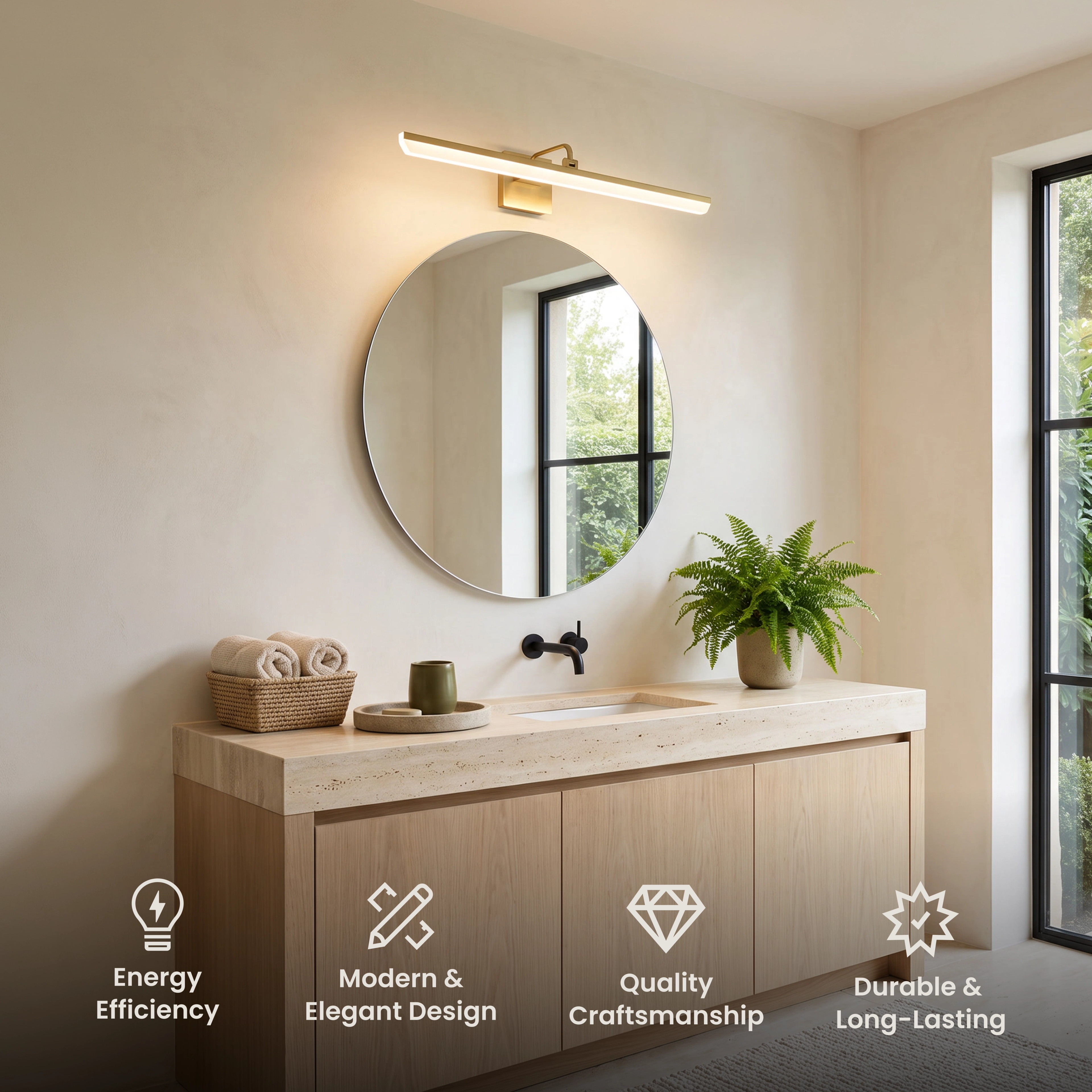 Zena bathroom light in brushed gold, slim horizontal bar mounted above a black-framed mirror on a dark wall