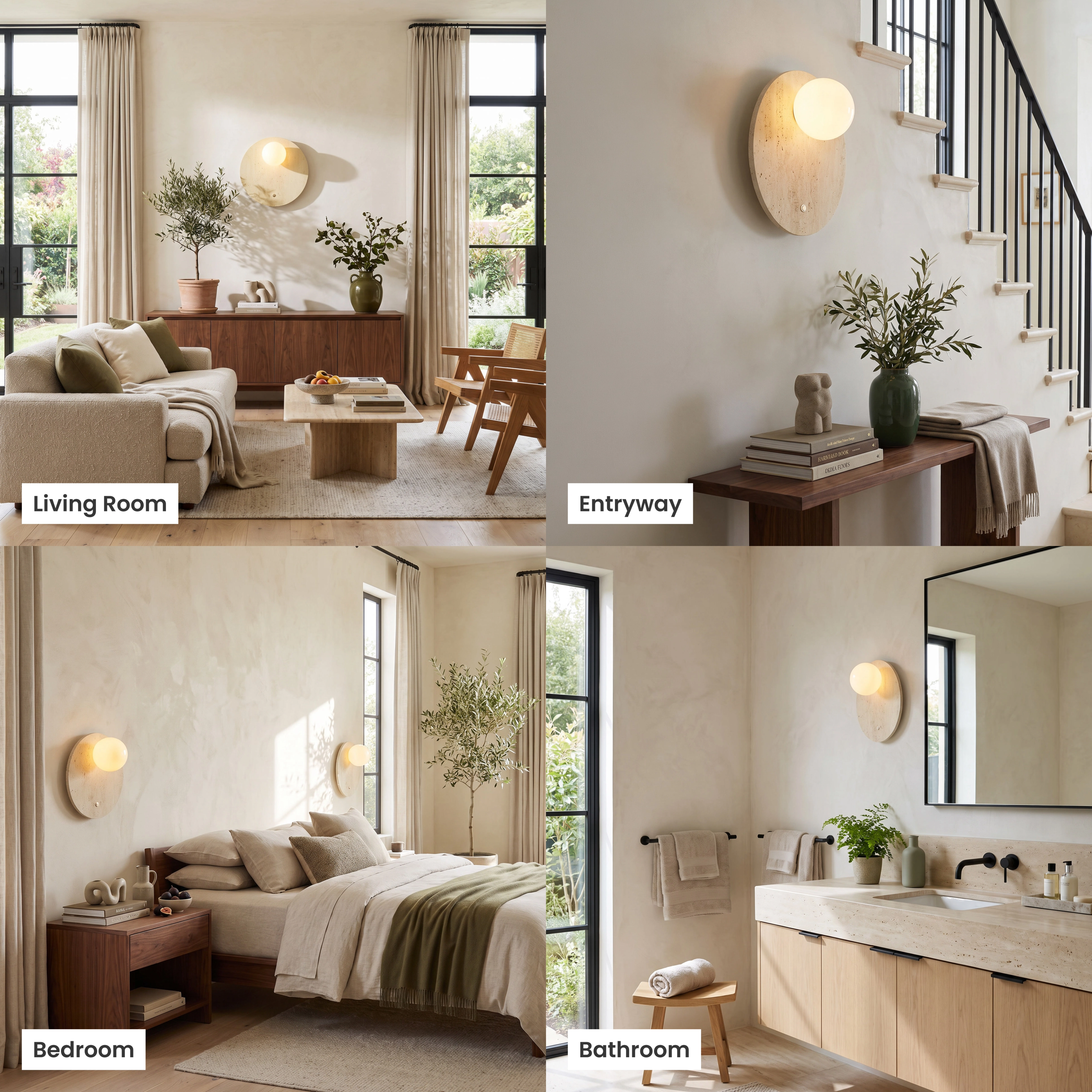 Arabella Sconce travertine stone wall light, stone disc with glass orb, staged in living, dining, bathroom and commercial
