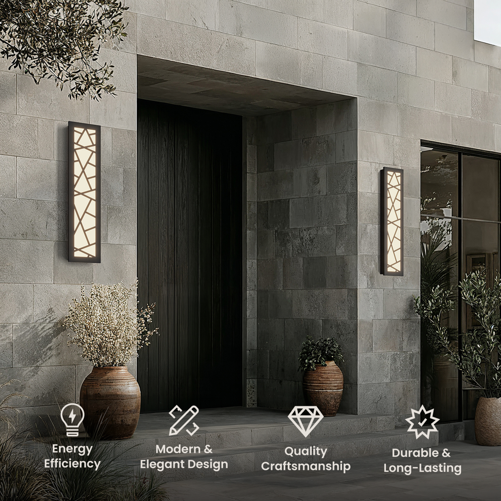 Harper outdoor wall lights, dark rectangular fixtures with geometric cut-out pattern, flanking a stone entry