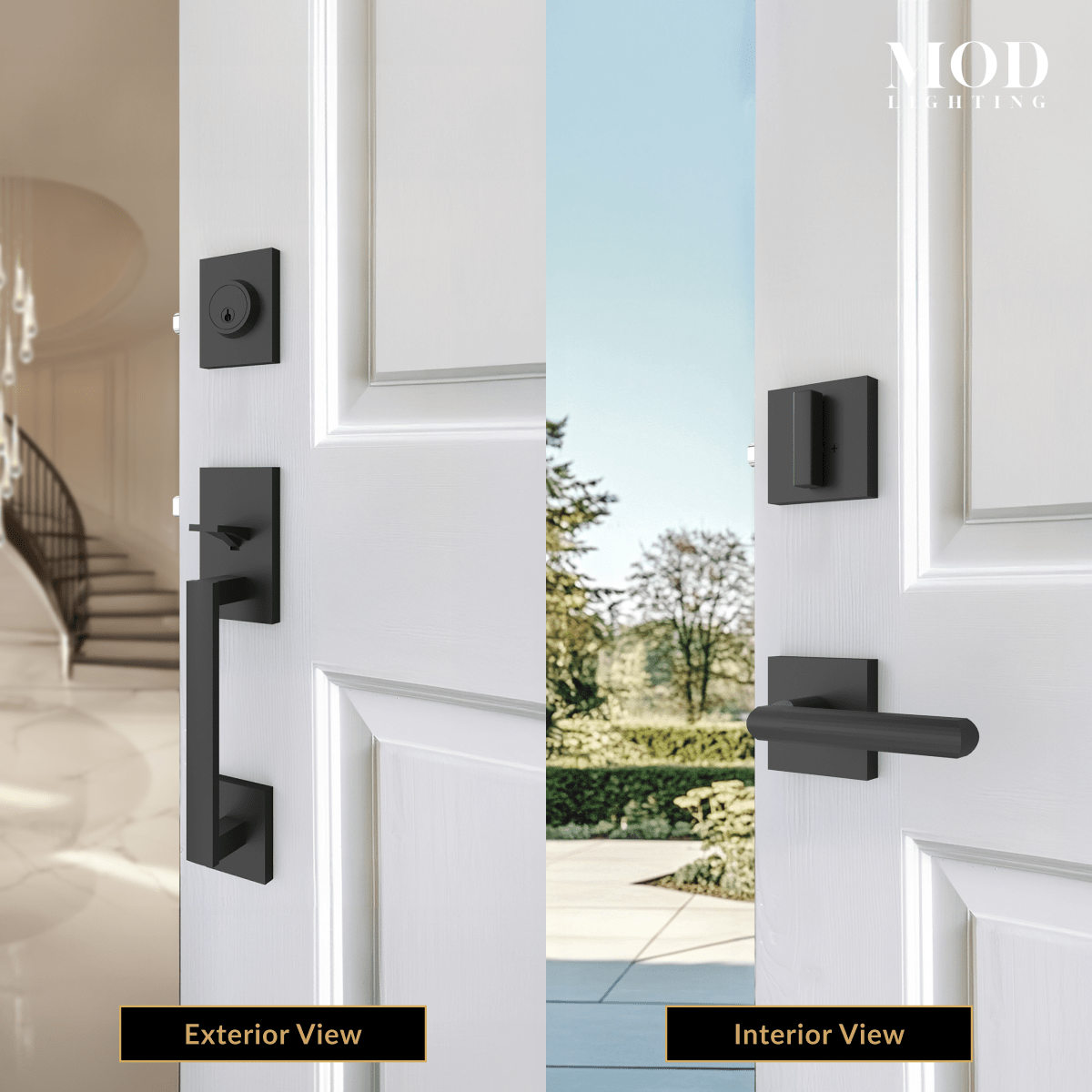 Modern Front Door Lock Set in matte black, exterior handleset and interior lever shown on a white door
