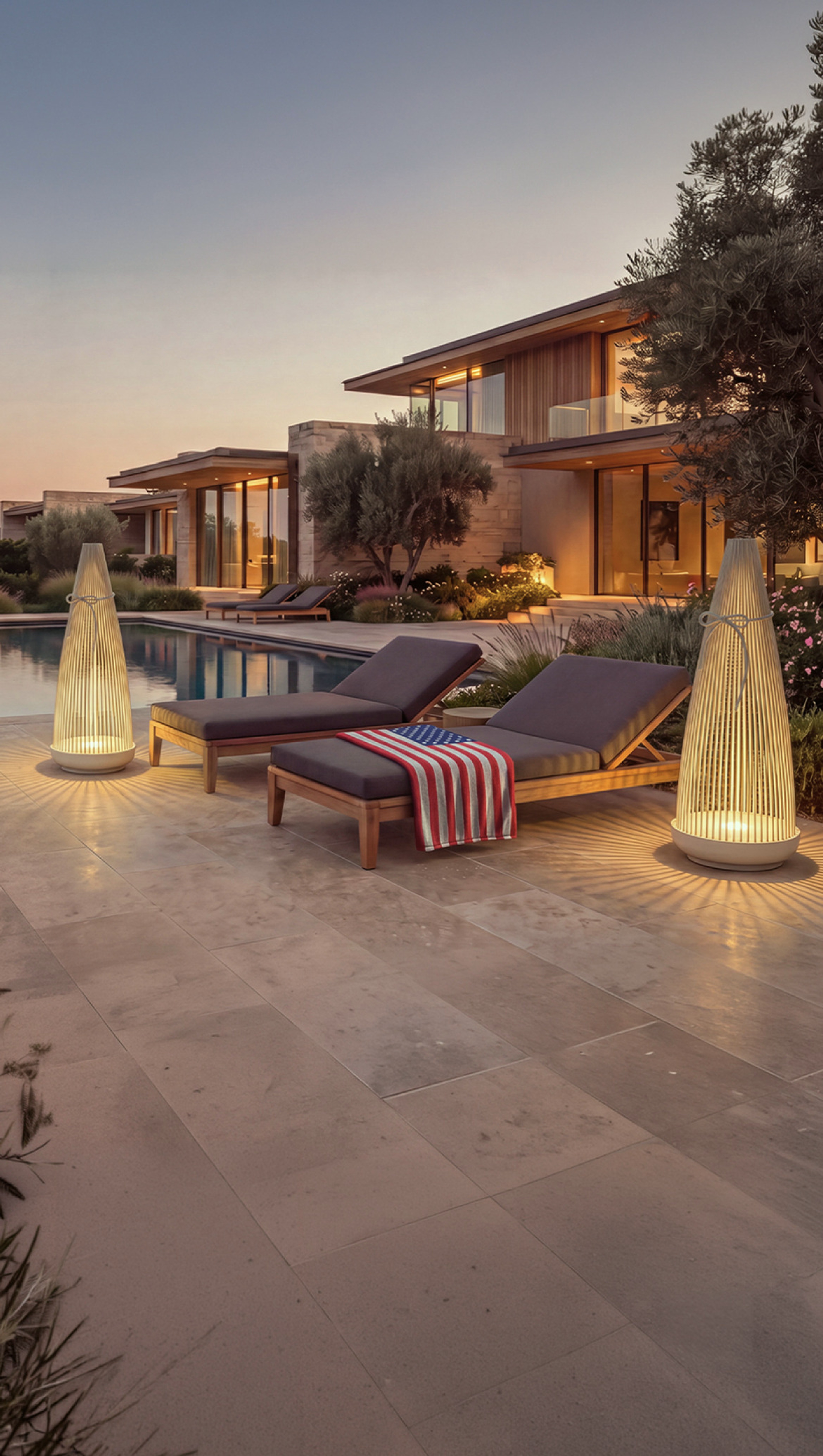 MOD LIGHTING Birch outdoor lanterns lighting a poolside terrace at dusk