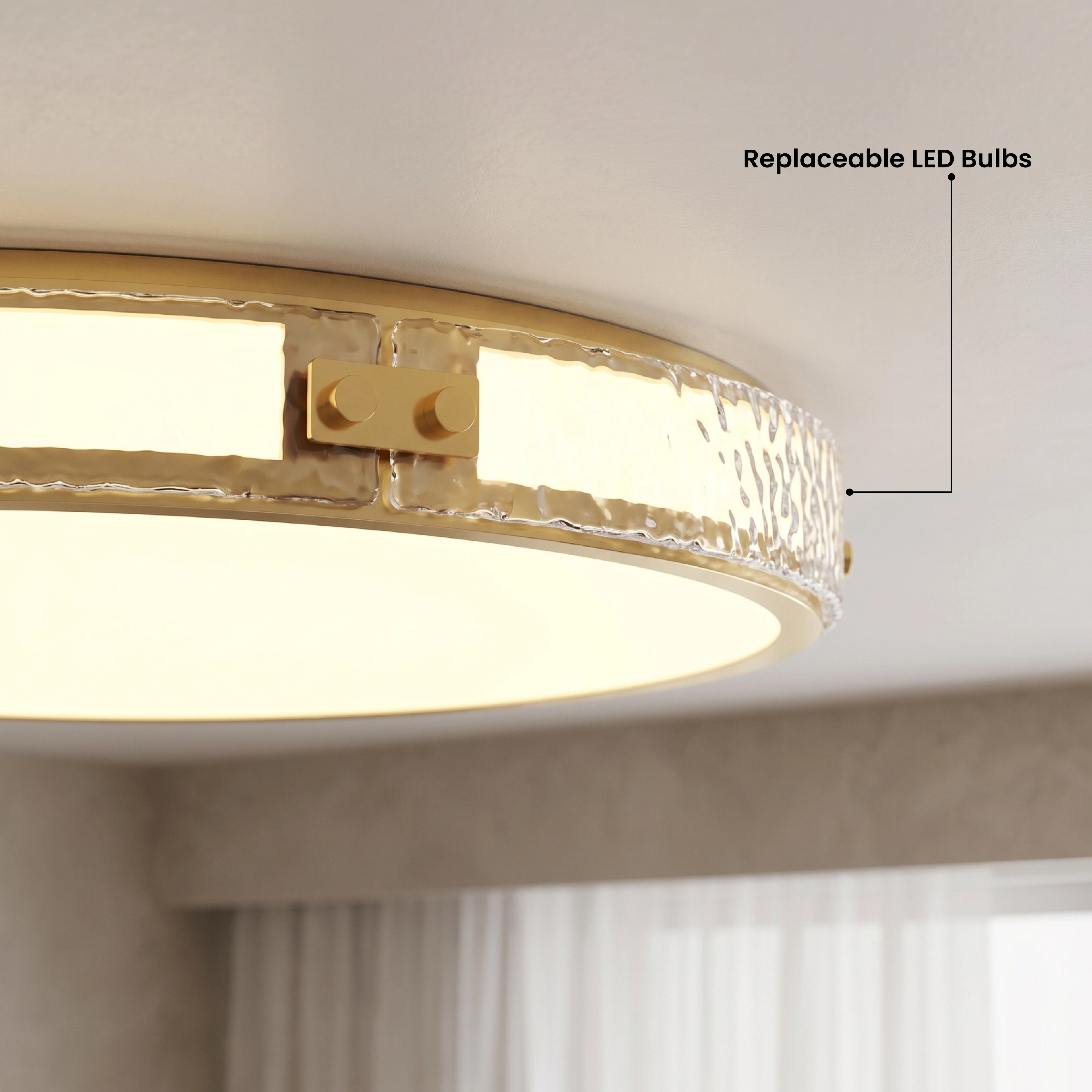 Orielle brushed-gold crystal flush-mount ceiling light in a kitchen, warm white 3000K