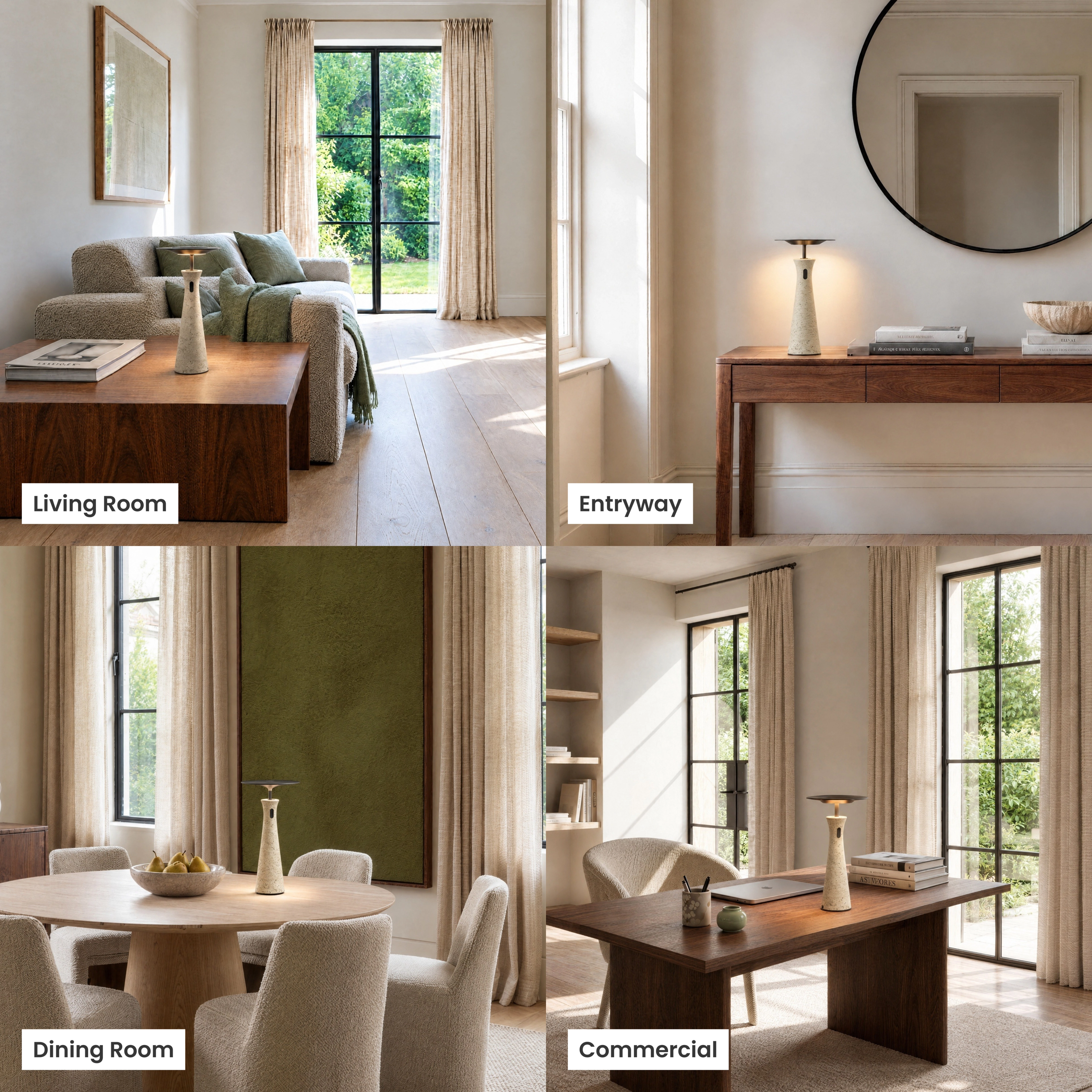 Dara travertine stone table lamp shown across four rooms: living room, home office, bedroom and dining room