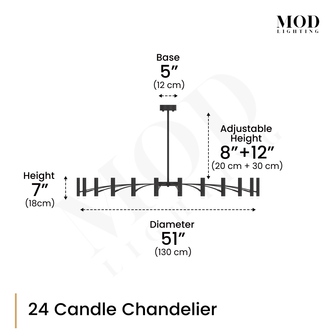 Kendall dimension diagram, 24-candle black linear chandelier, 51" diameter, 7" height, adjustable drop