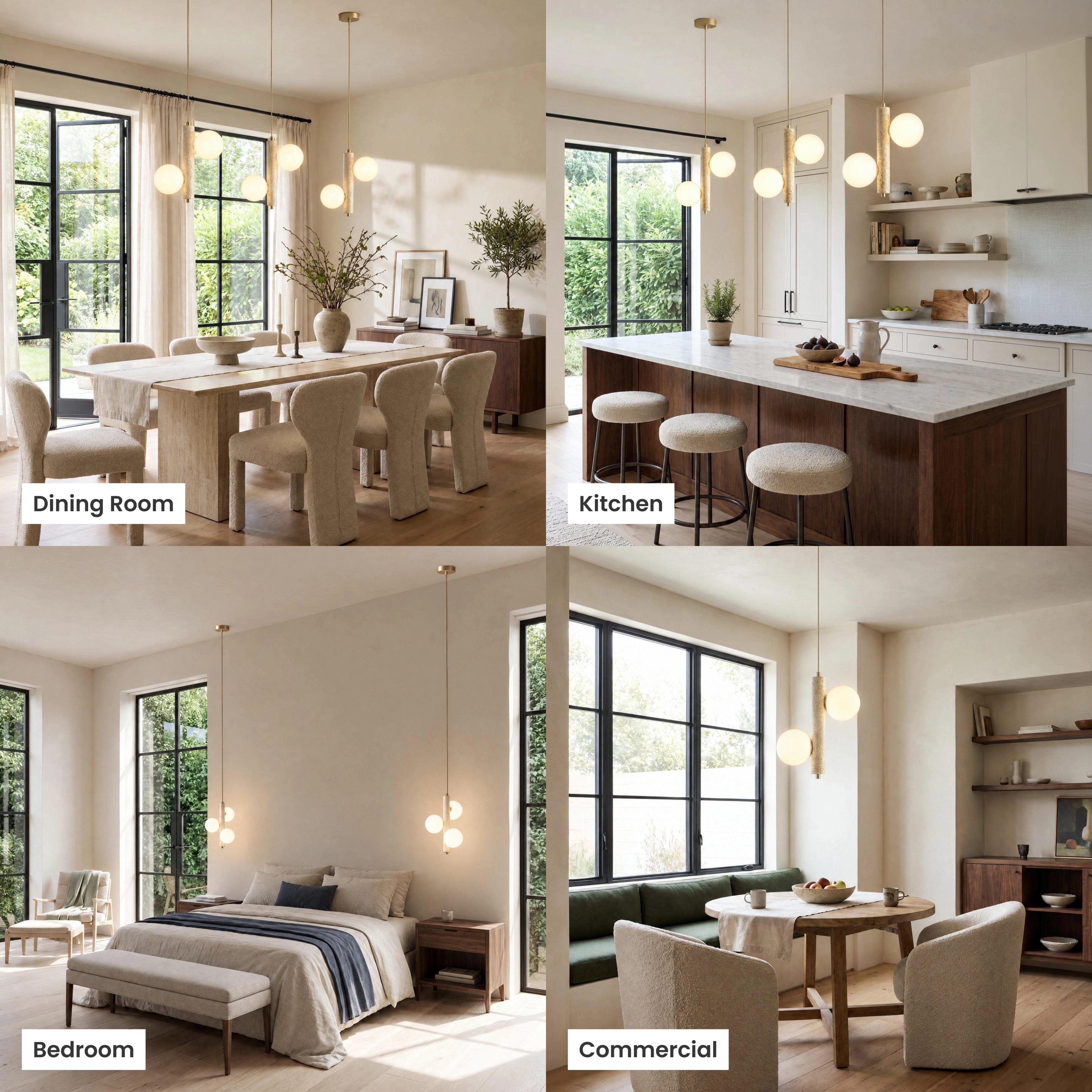 Arabella Pendant travertine stone light, brass rod with opal-glass orbs, staged in living, dining, bedroom and commercial