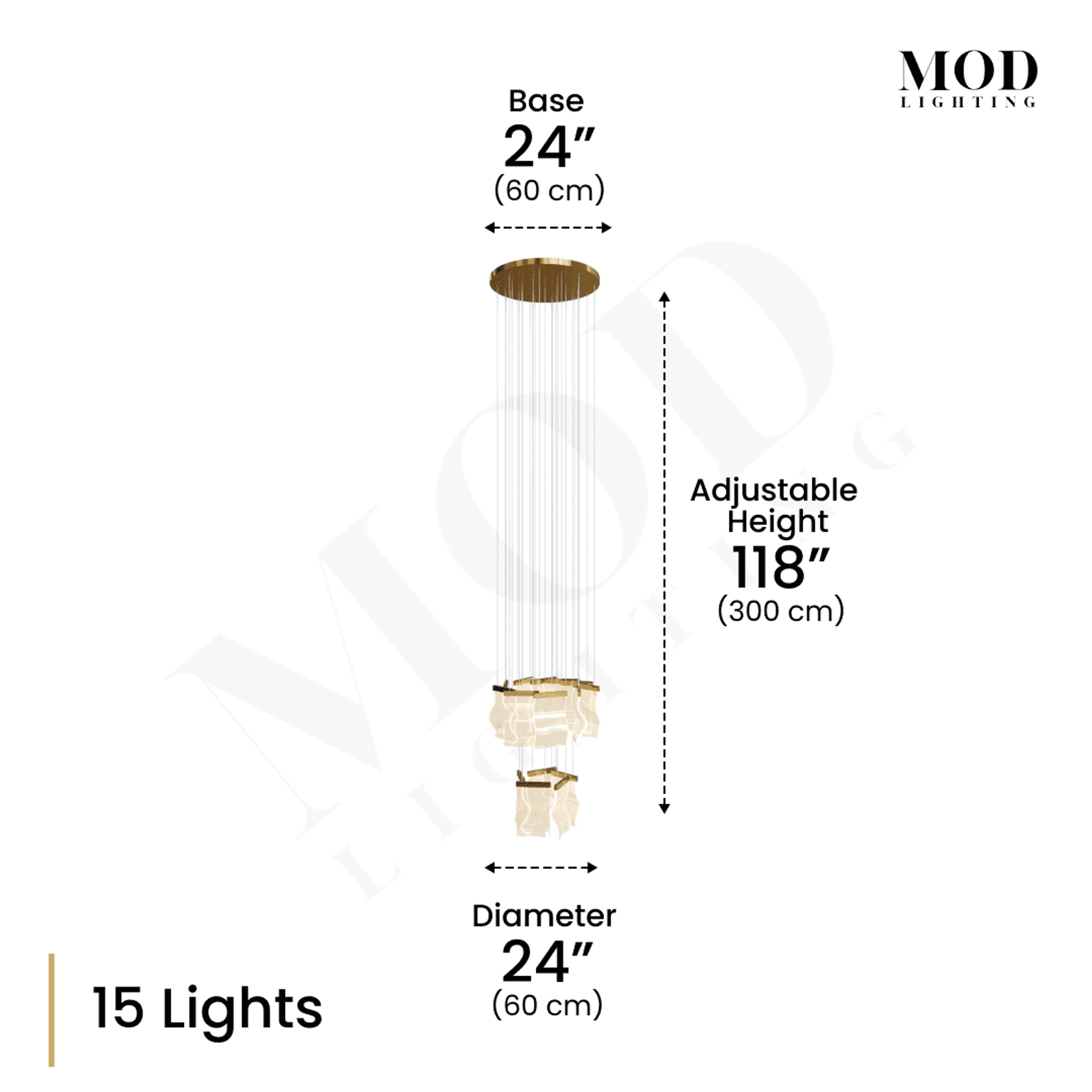 Helia 15-light spiral chandelier dimension diagram: 24in base and diameter, 118in adjustable height