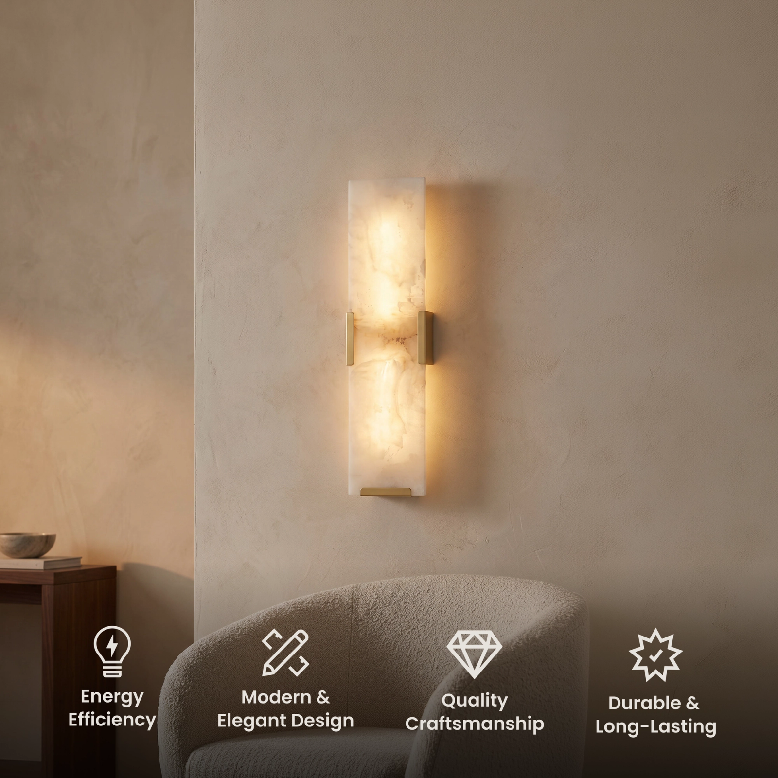 Rhea Wall Sconce, slim vertical alabaster shade on a brushed gold backplate against a stone wall