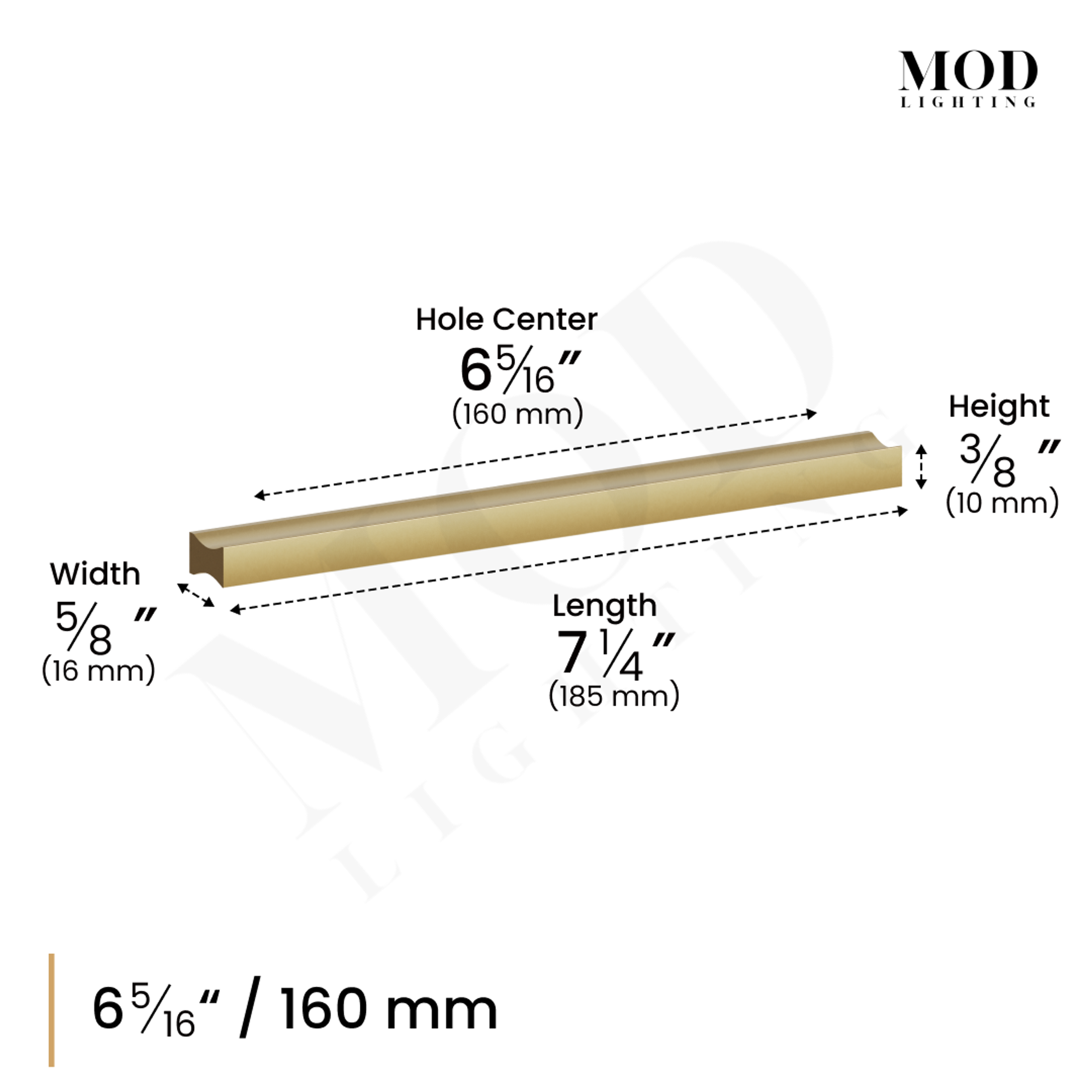 Iris cabinet pull dimension diagram, 6 5/16-inch/160 mm hole center, length 7.25 in, width 5/8 in, height 3/8 in