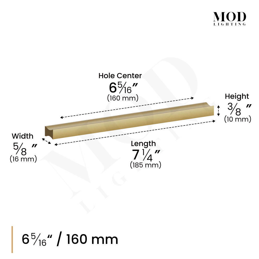 Iris cabinet pull dimension diagram, 6 5/16-inch/160 mm hole center, length 7.25 in, width 5/8 in, height 3/8 in