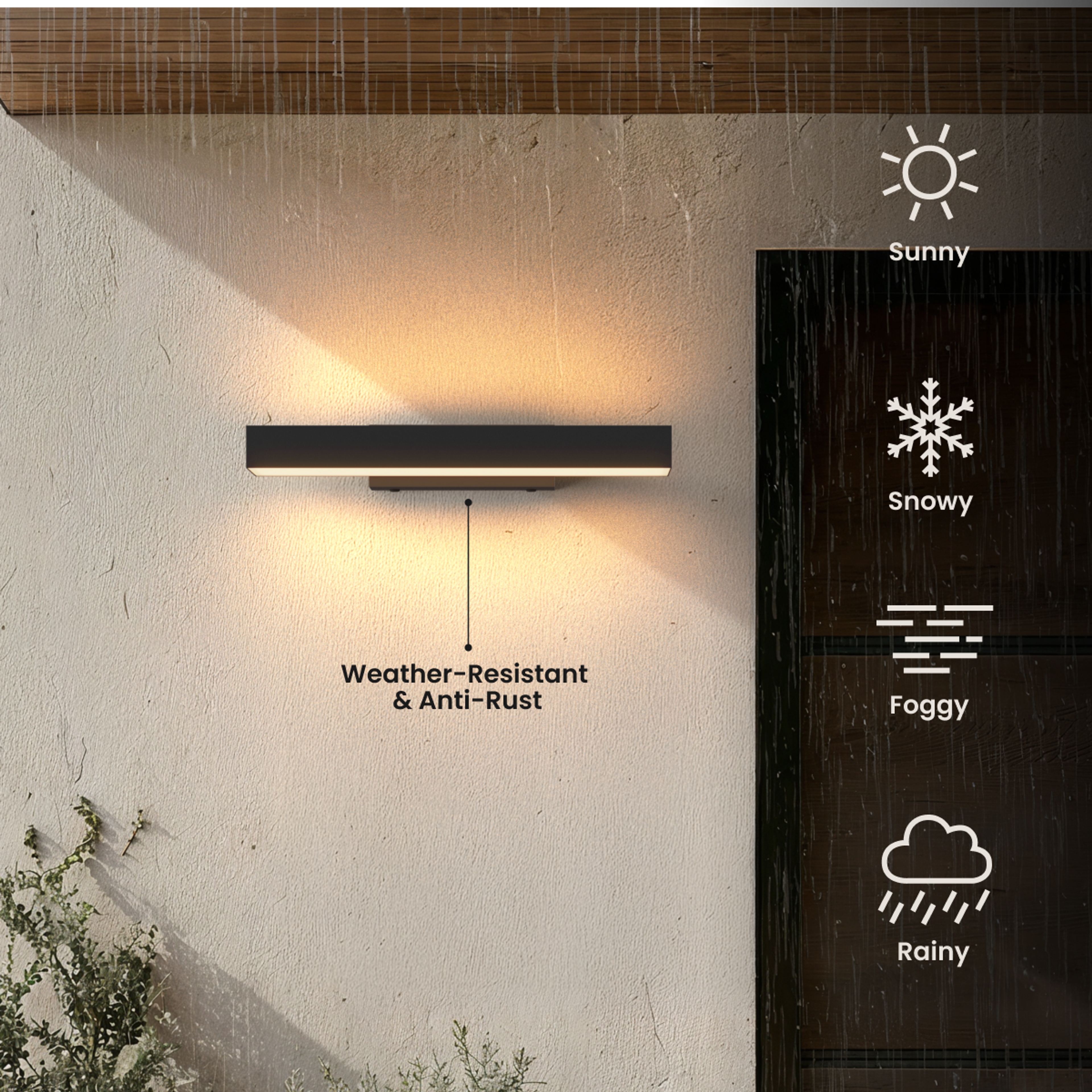 Brook black horizontal linear bar outdoor sconce on a stucco wall, labeled weather-resistant and anti-rust