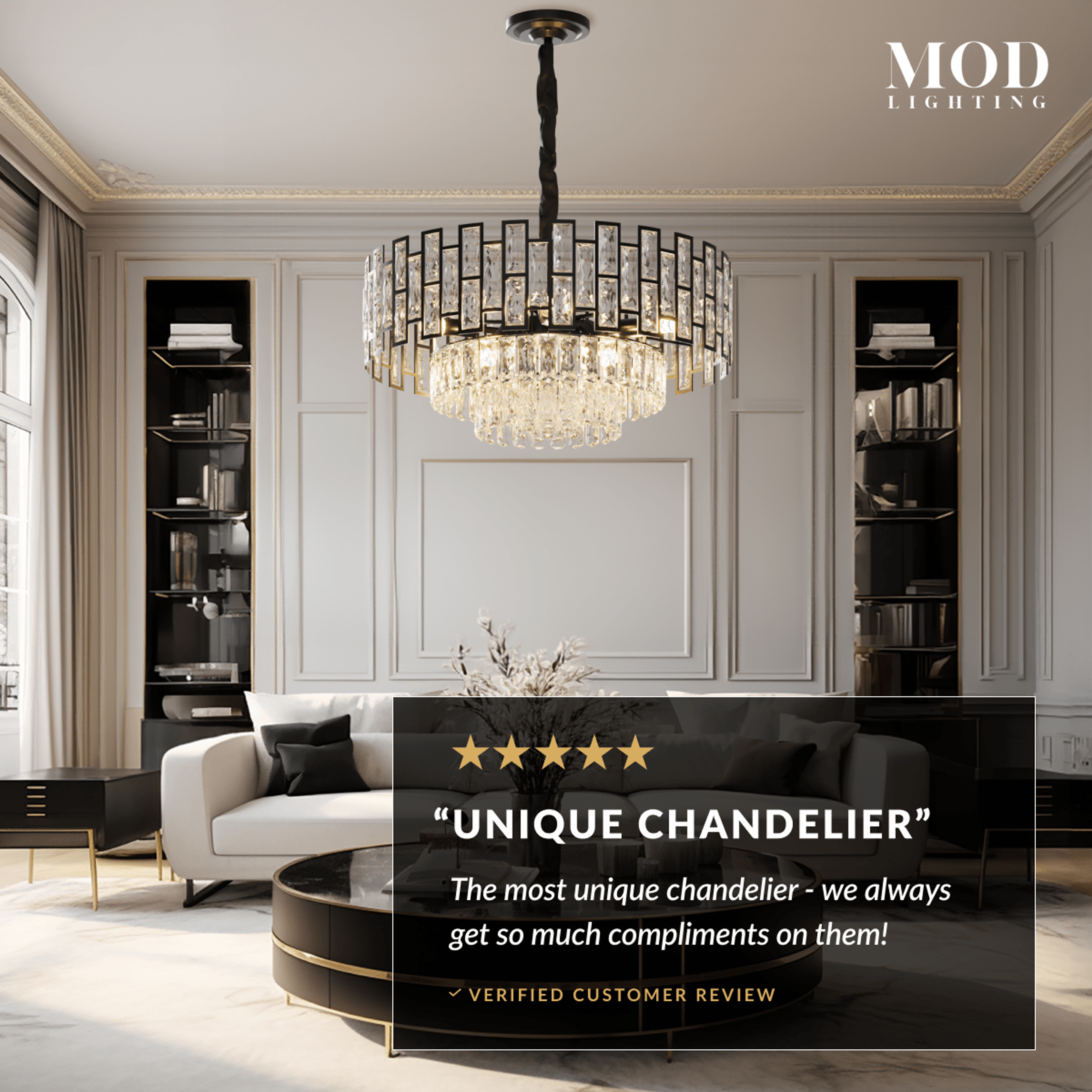 Raven black crystal chandelier lighting a living room, with a five-star customer review overlay