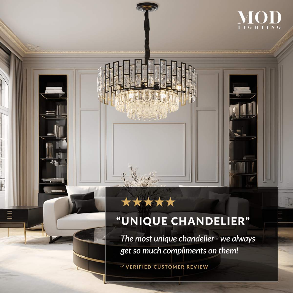 Raven black crystal chandelier lighting a living room, with a five-star customer review overlay
