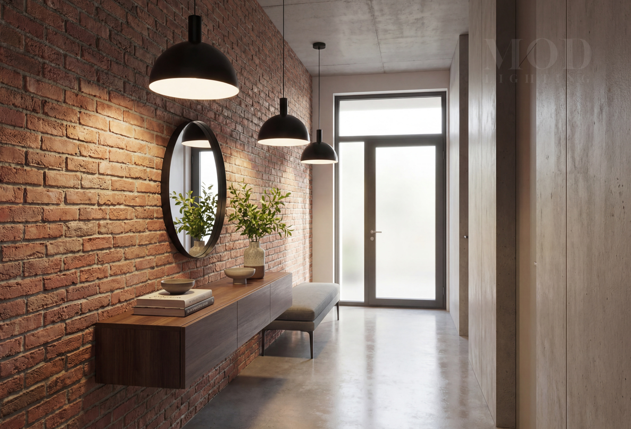 Industrial modern entryway with black metal pendant light