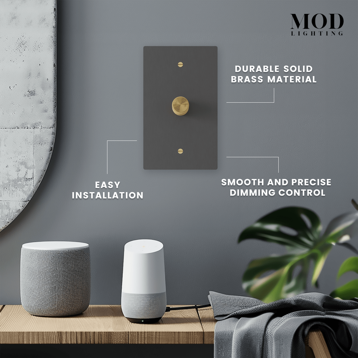 Modern Dimmer Switch, brushed-gold plate with rotary knob, noting solid brass, easy install and precise dimming