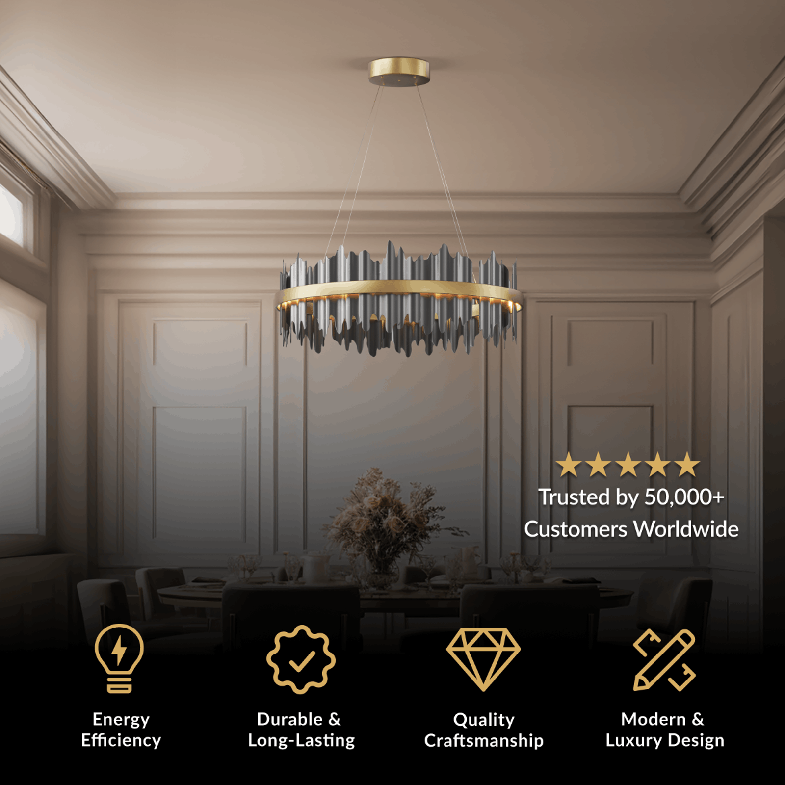 Aurelius black horizontal drum chandelier with irregular crystal rods, over a dining table