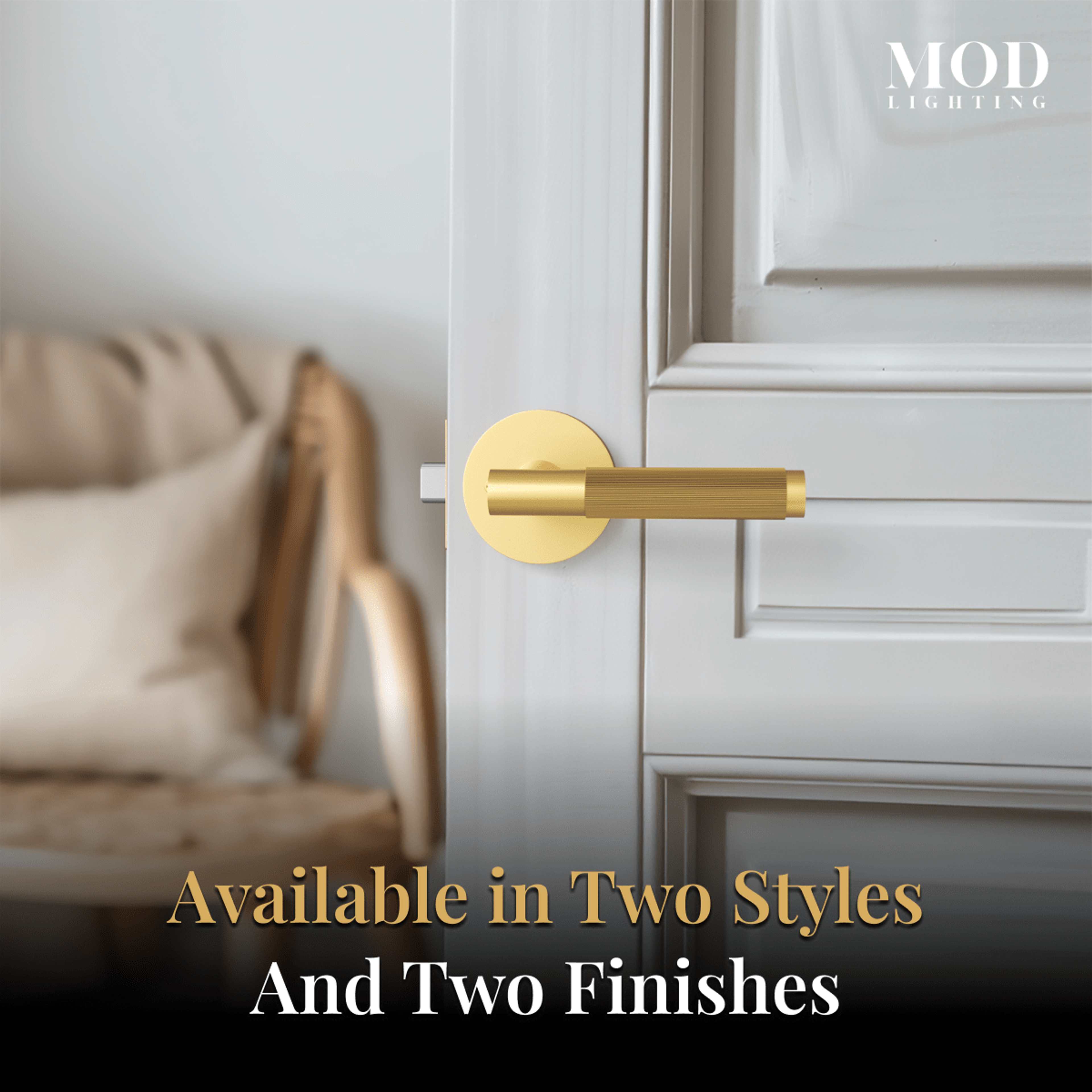Carrington brushed-gold door lever on a white paneled door, text noting two styles and two finishes available