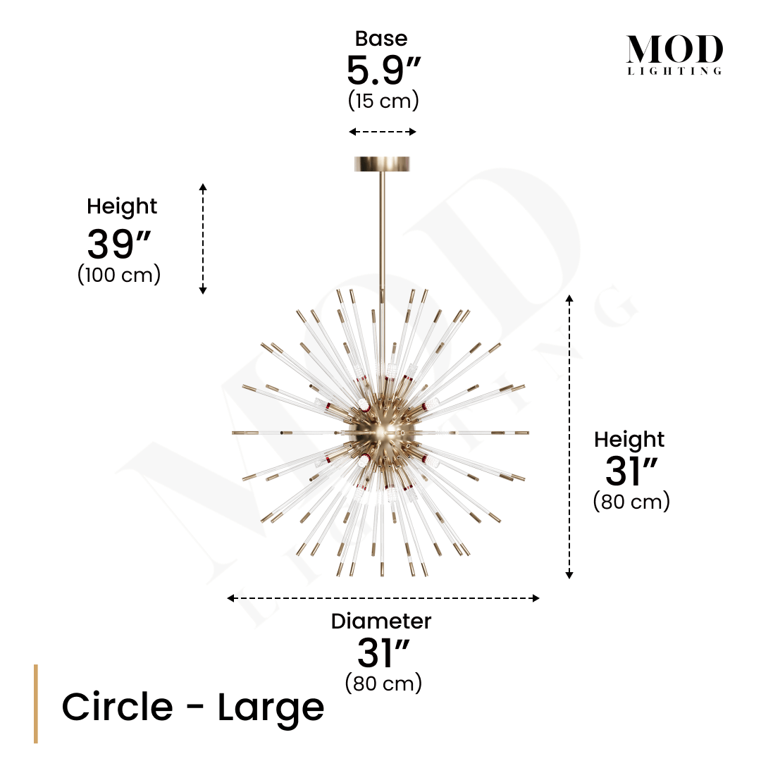 Pixie gold sputnik chandelier, Circle Large diagram: 31" diameter, 31" fixture height, 39" drop