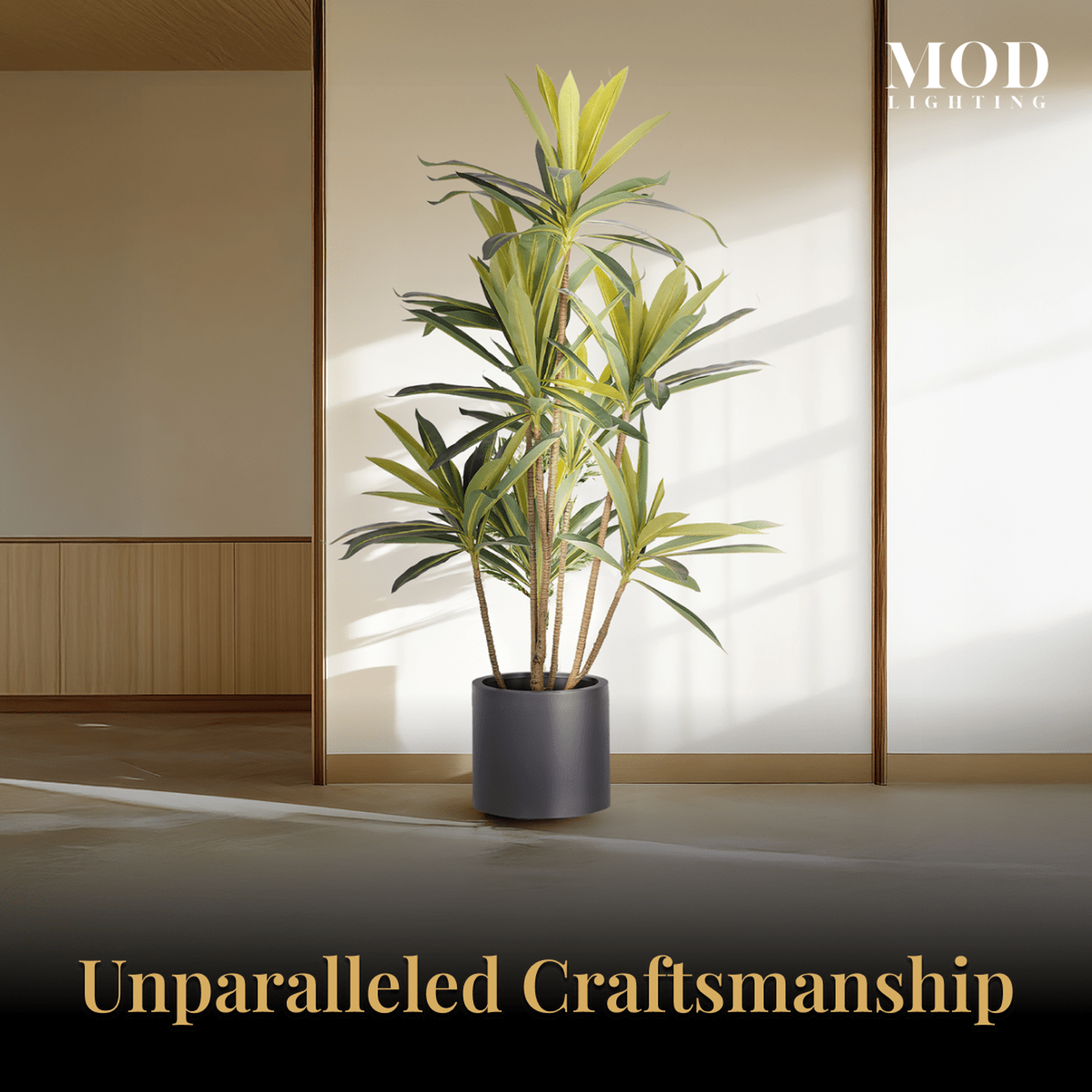 Dracaena artificial plant, slender green leaves in a dark grey pot in a sunlit room, titled Unparalleled Craftsmanship
