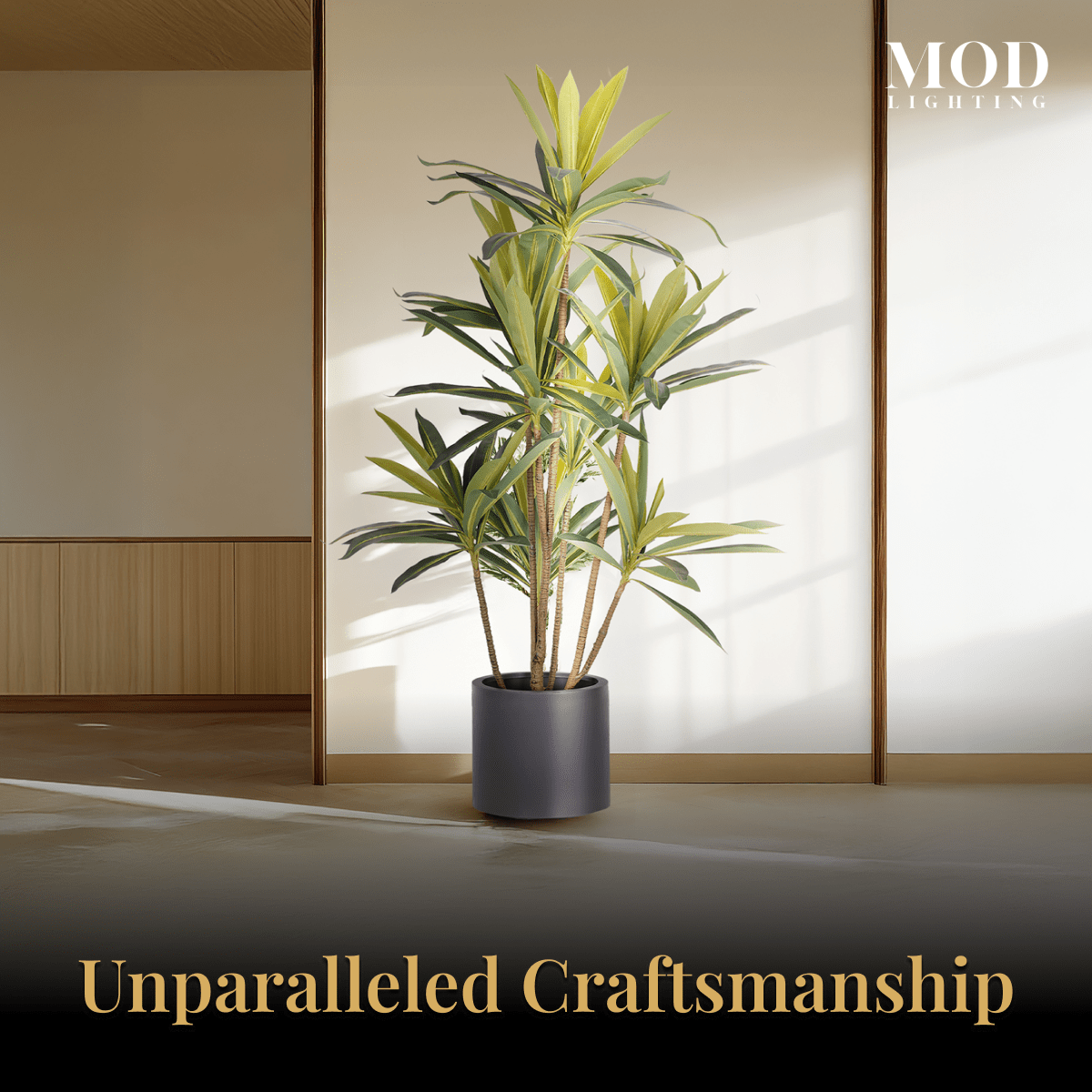 Dracaena artificial plant, slender green leaves in a dark grey pot in a sunlit room, titled Unparalleled Craftsmanship