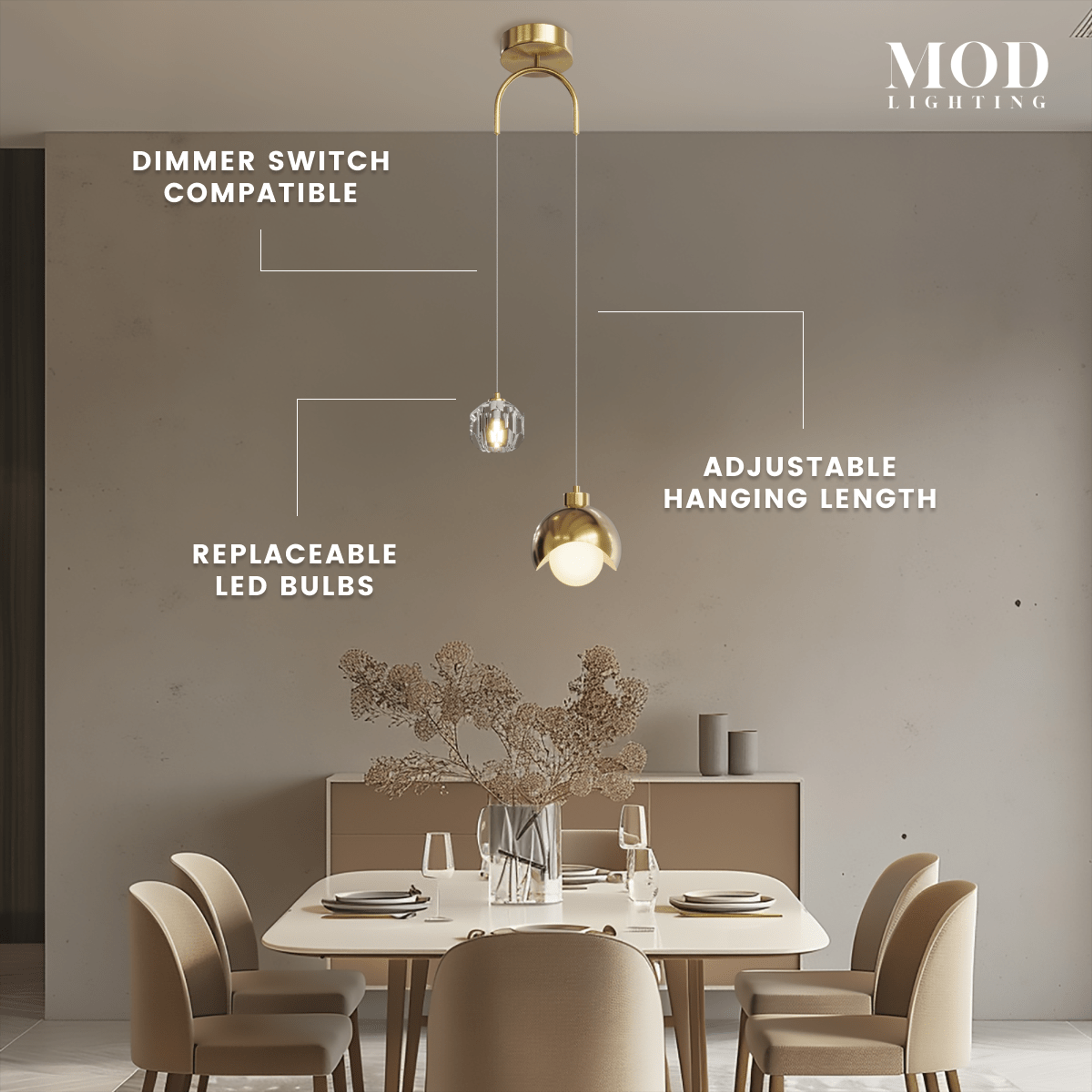 Diana gold globe pendant with crystal accent over a dining table, labelled dimmable, replaceable LED, adjustable length